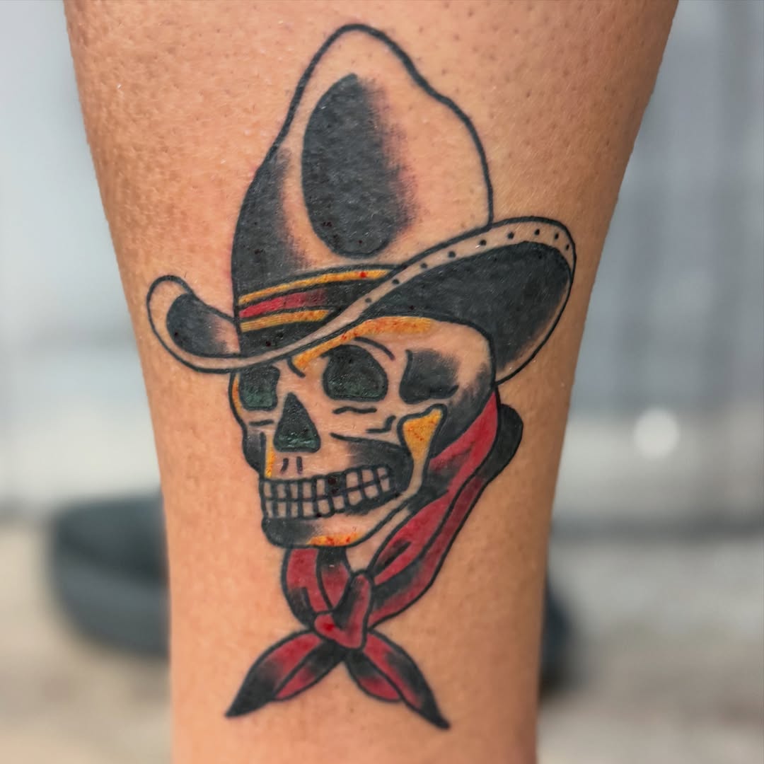 Sombrero skull American traditional tattoo on the forearm by Camilo