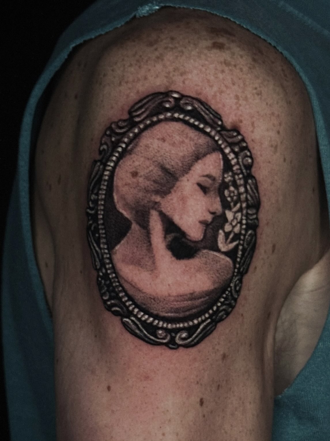Cameo portrait black and grey tattoo on the shoulder by Mandi Marie, Charlotte, North Carolina