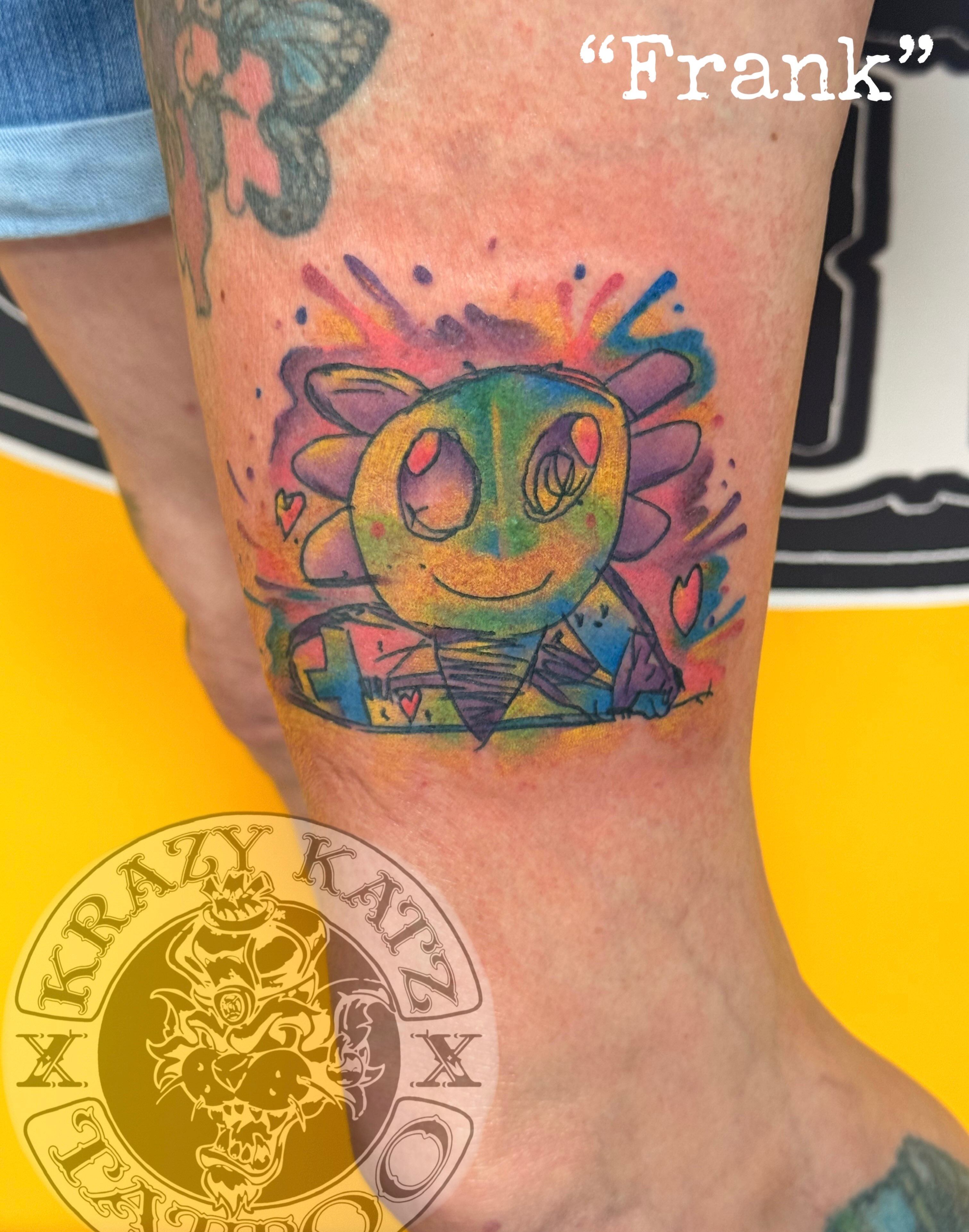 Frank watercolor tattoo on the calf by Frank Gomez 🎨