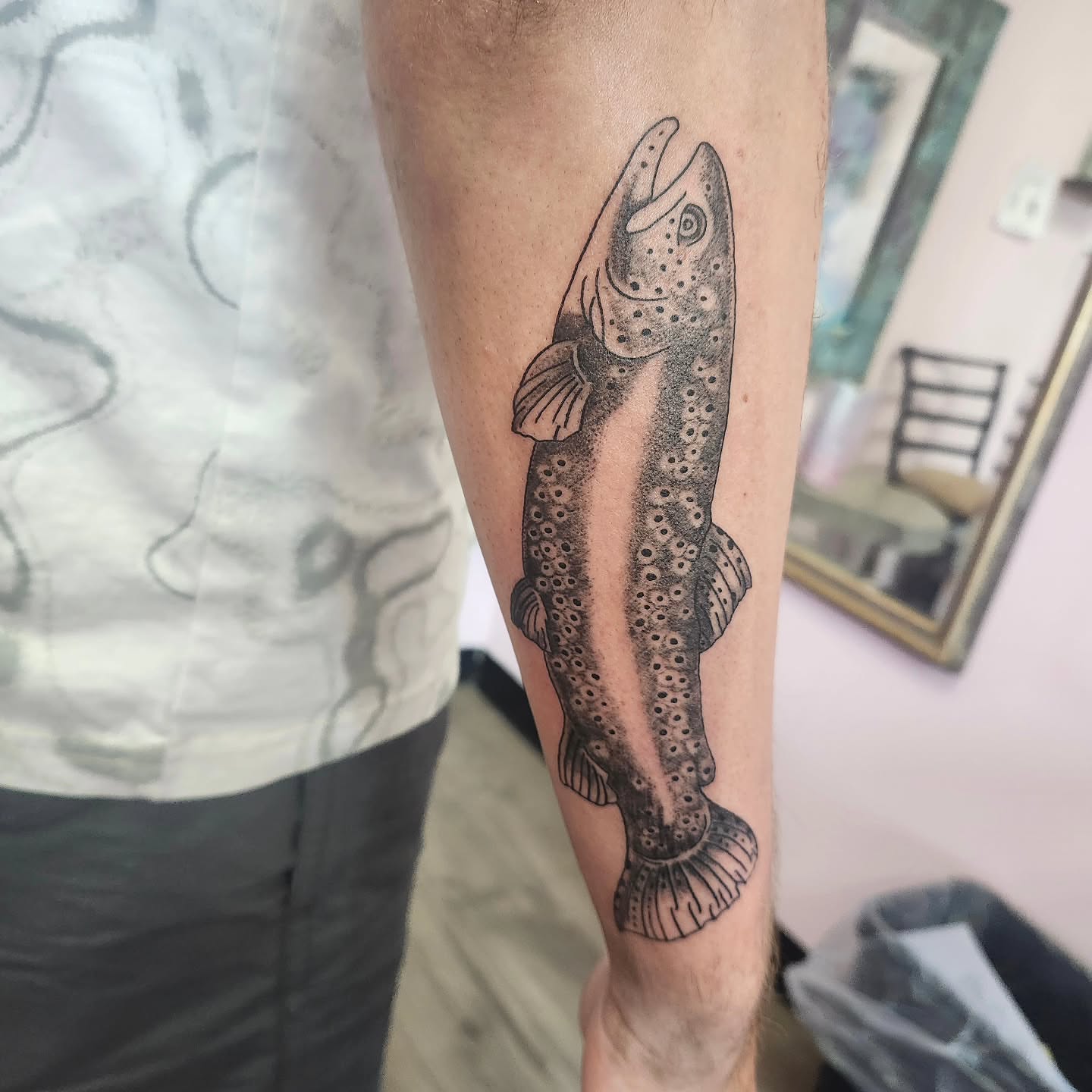 Trout dotwork tattoo on the forearm by Meredith 🎈 Tattoo the Bride ✝️