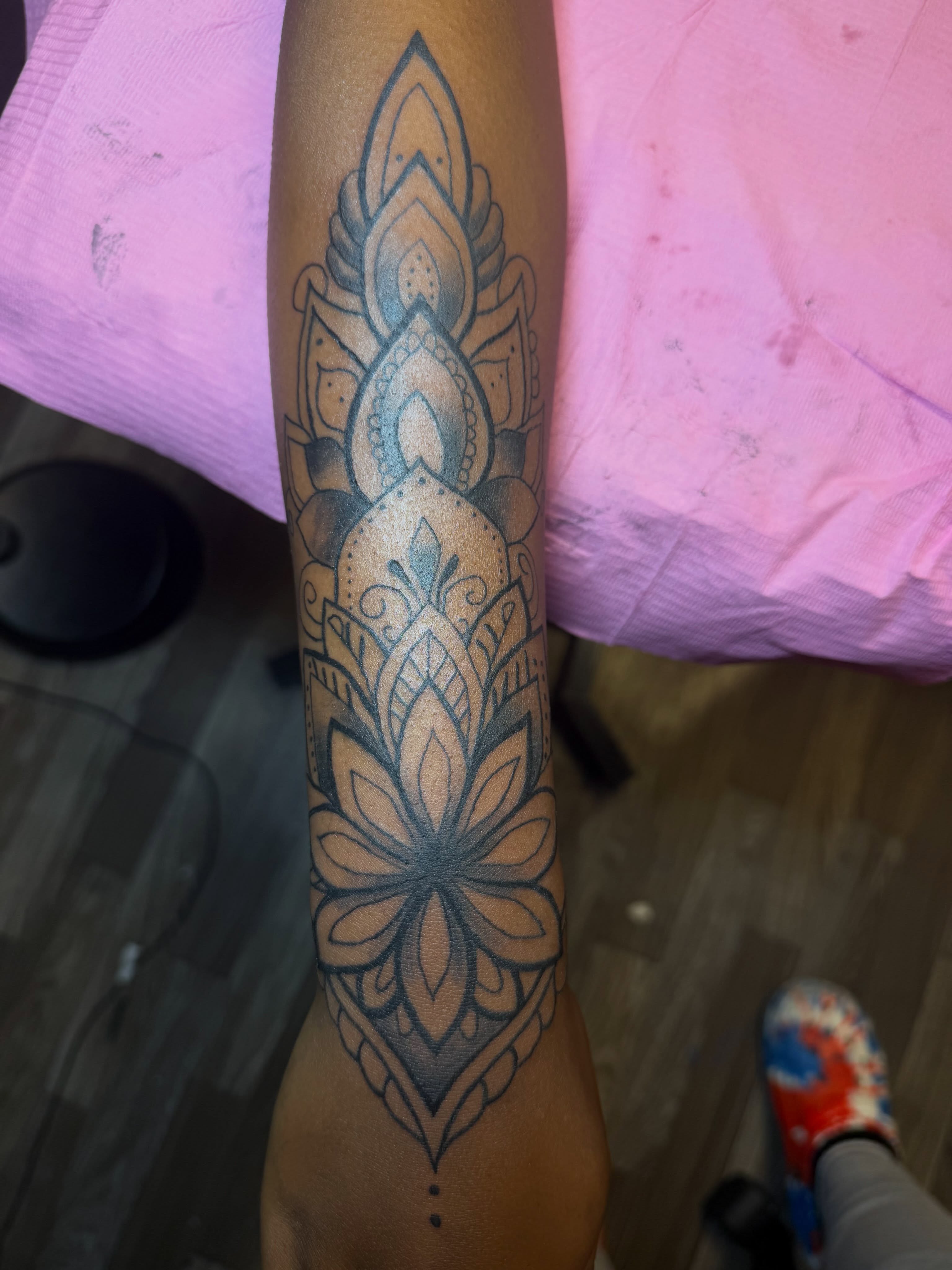 Floral mandala ornamental tattoo on the forearm by XoXandrea.Ink, Kansas City, Missouri