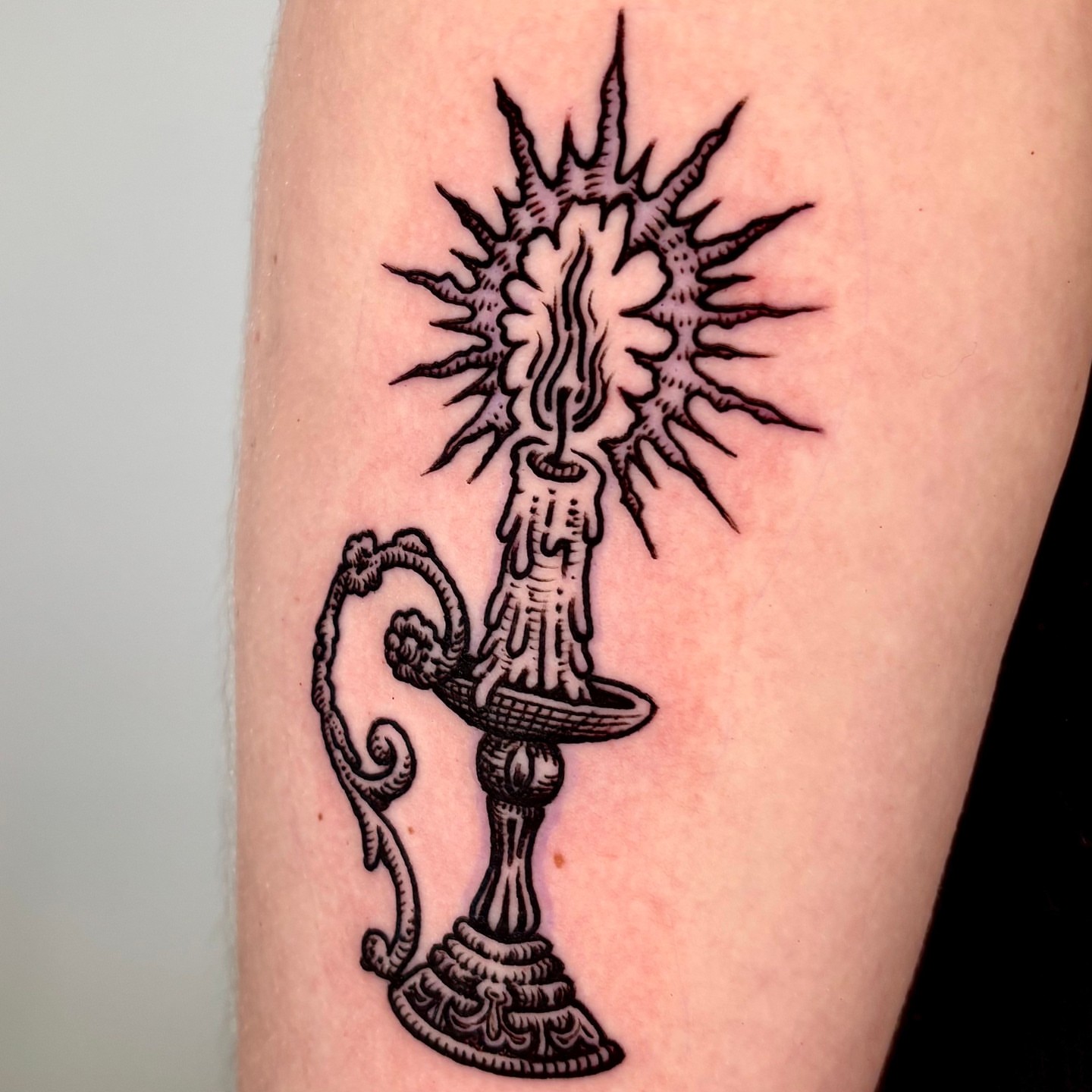 Candle and flame black and grey tattoo on the forearm by ๐๐๐ ๐๐๐๐๐๐๐๐๐๐๐