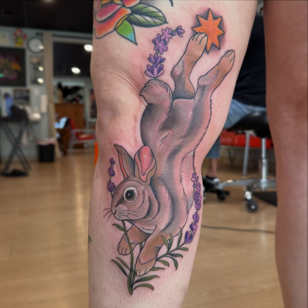 Rabbit realism tattoo on the forearm by Kaley, Des Moines, Iowa