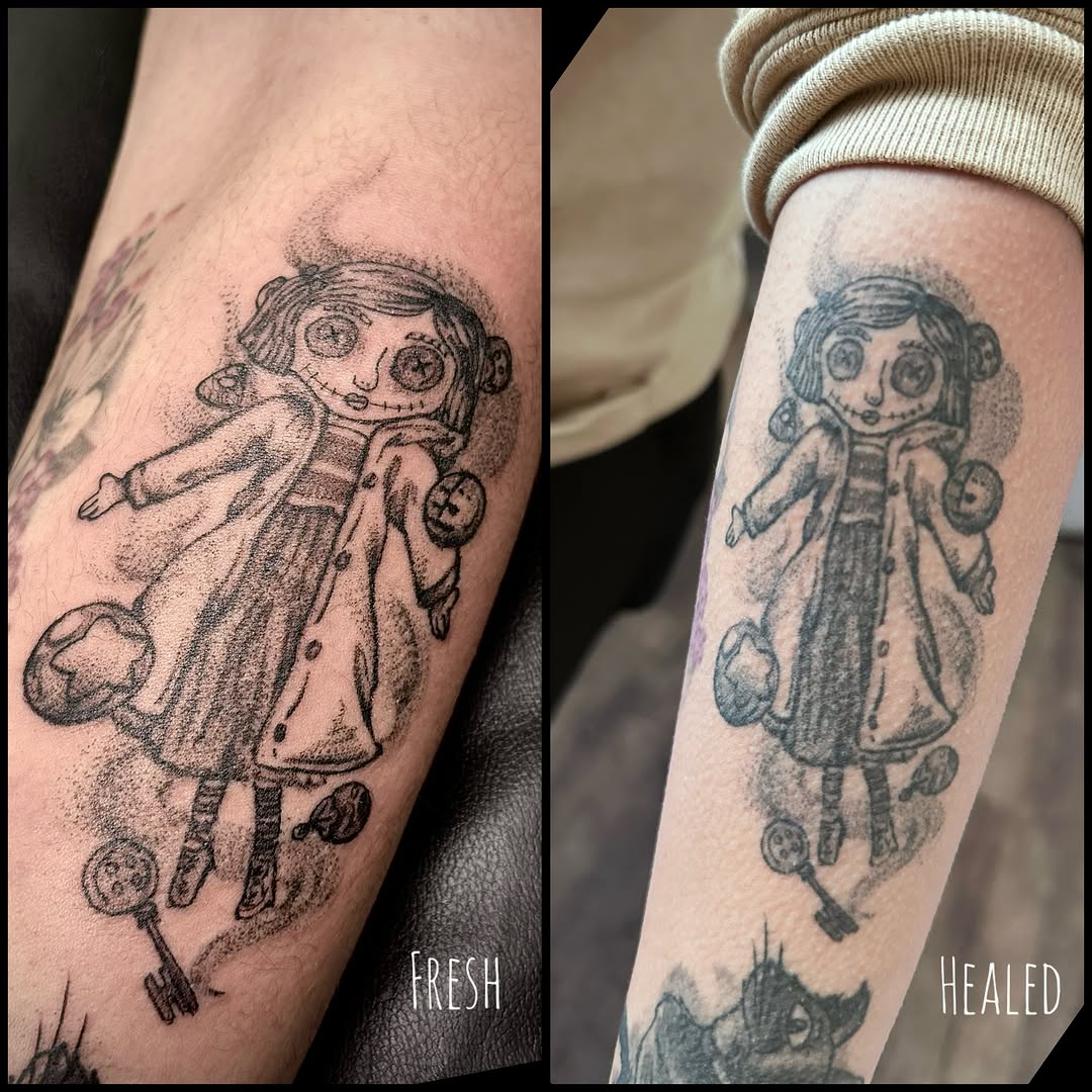 Doll dotwork tattoo on the forearm by Marlyn “Lala”