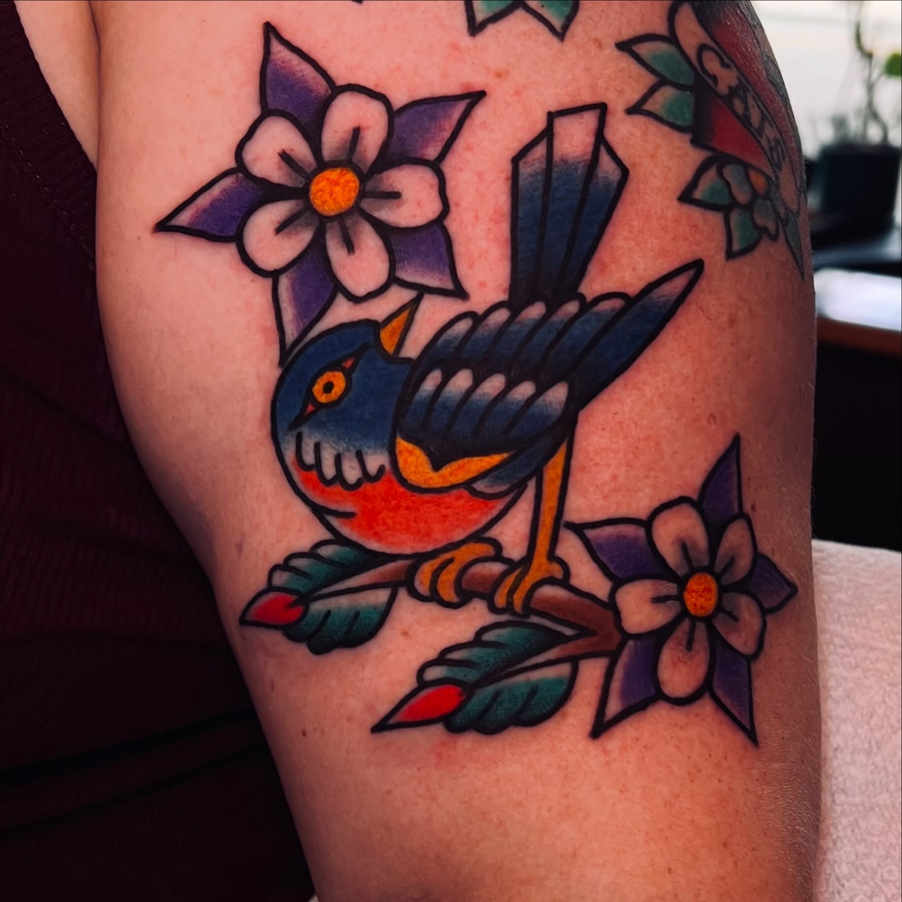 Bird and flowers American traditional tattoo on the thigh by ReadyFreddie_tattoo