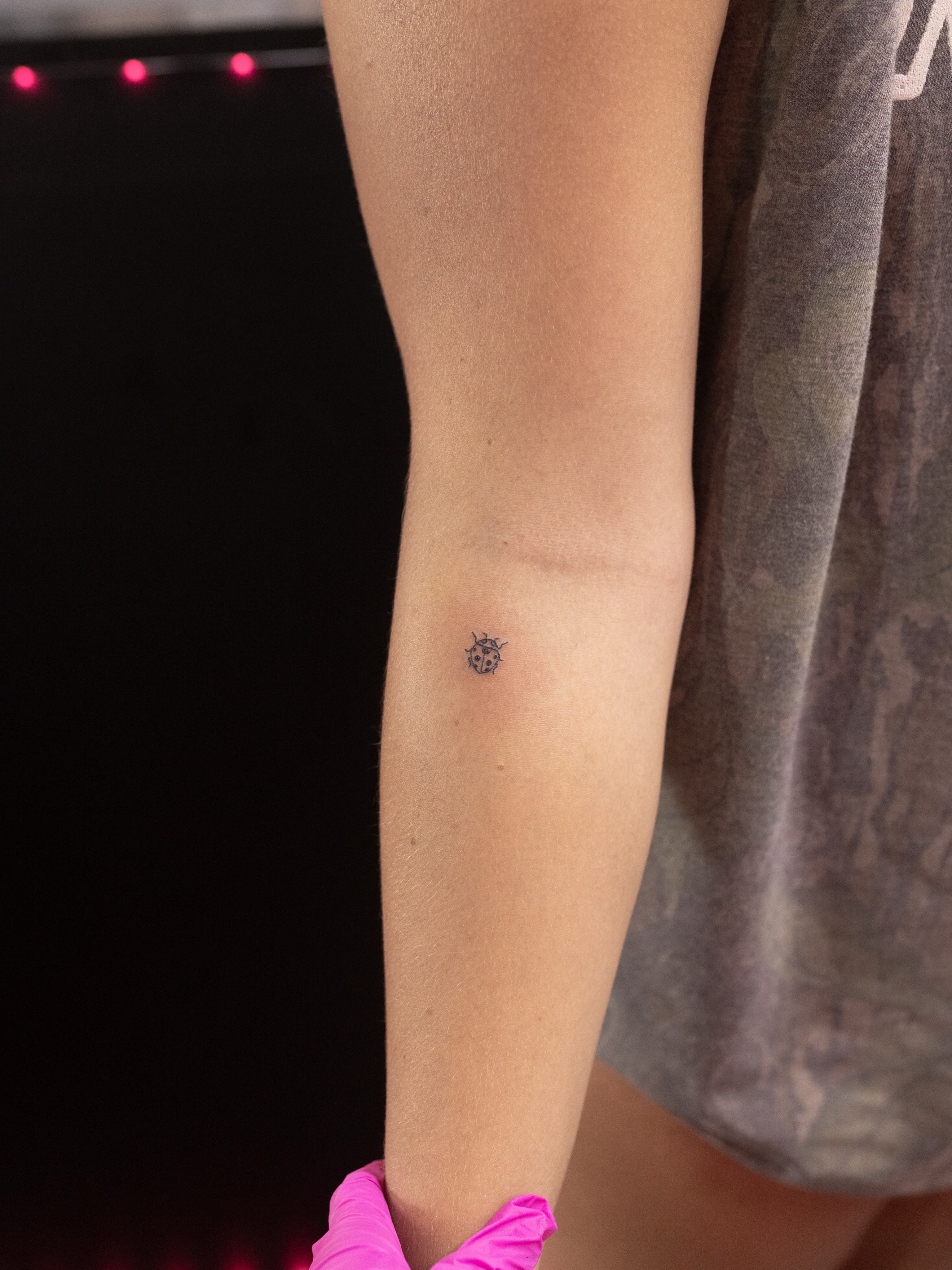 Bug dotwork tattoo on the forearm by Kelsie