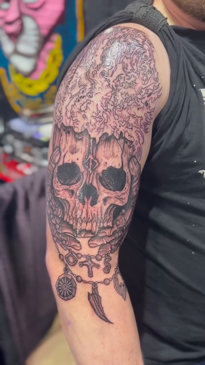 Tattoo by @skiesafiretattoo — dark_realism, black_and_grey