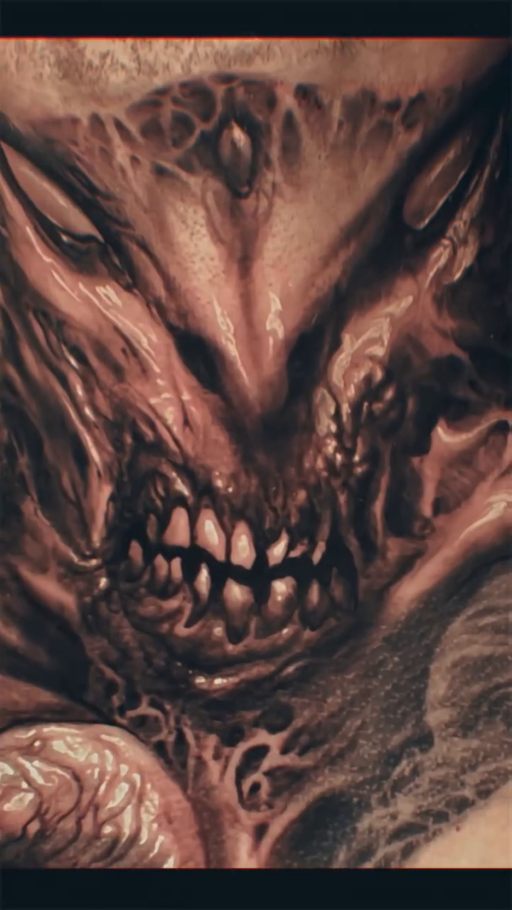 Demonic creature dark realism tattoo by David Jorquera