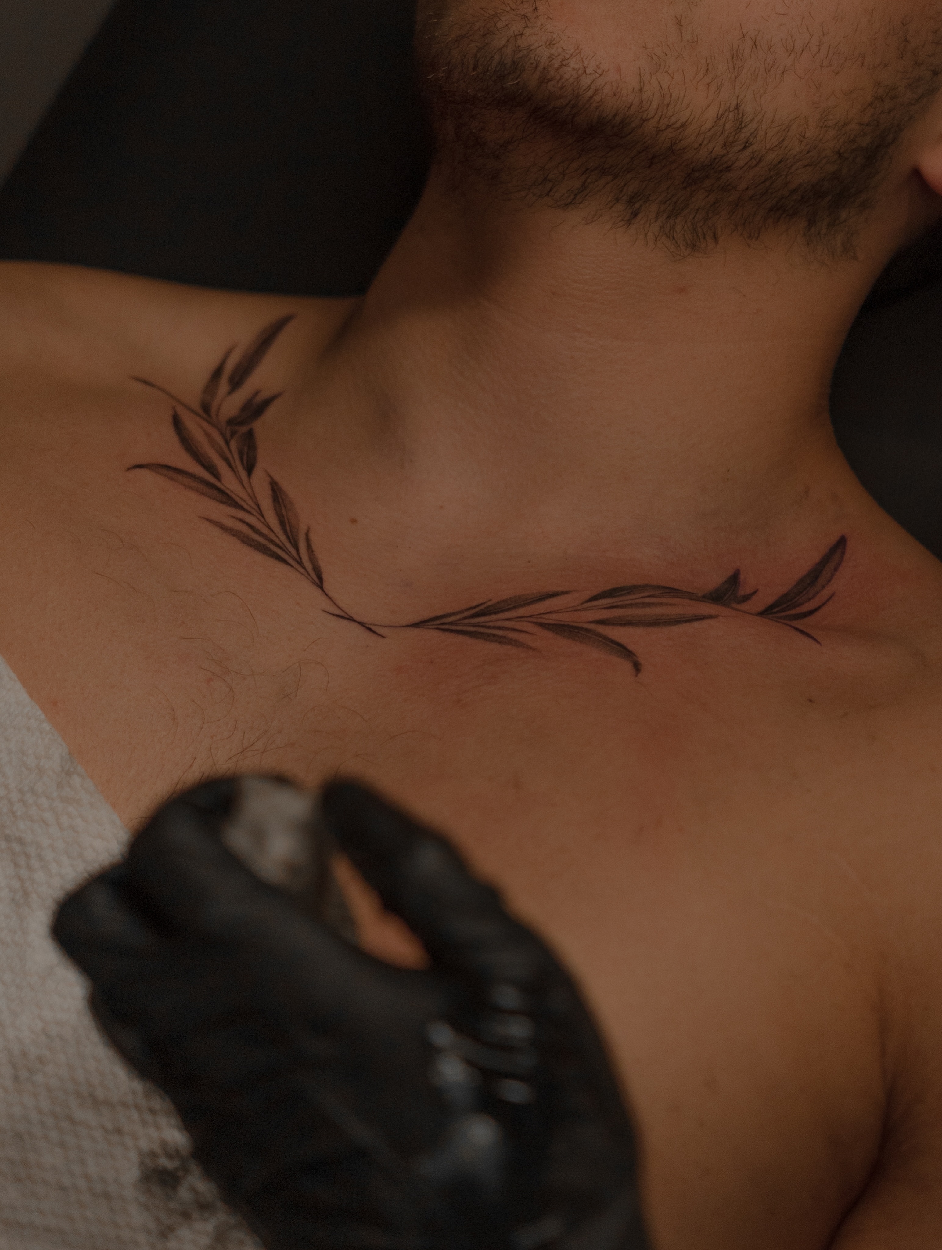 Branch black and grey tattoo on the chest by Jen- San Antonio tattoo artist
