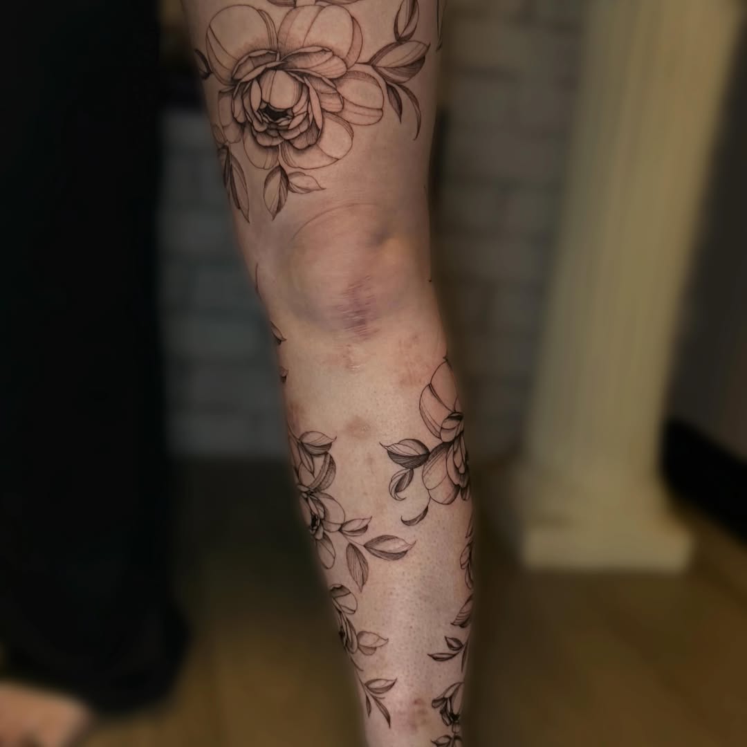 Floral design black and grey tattoo on the forearm by ❀ Moo, Mount Laurel, New Jersey