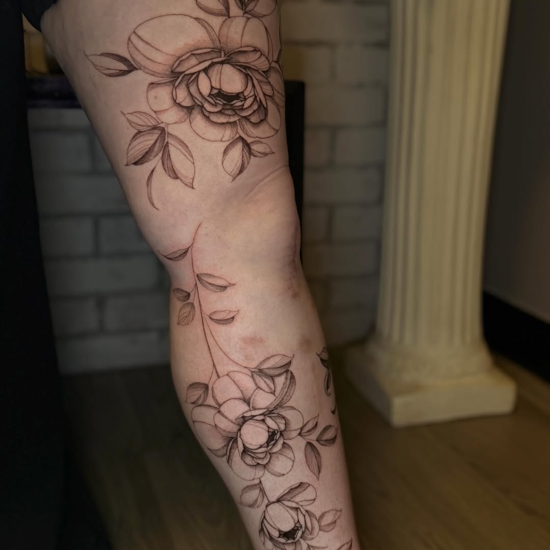 Floral design black and grey tattoo on the forearm by ❀ Moo, Mount Laurel, New Jersey