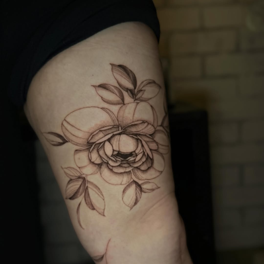 Peony black and grey tattoo on the thigh by ❀ Moo, Mount Laurel, New Jersey