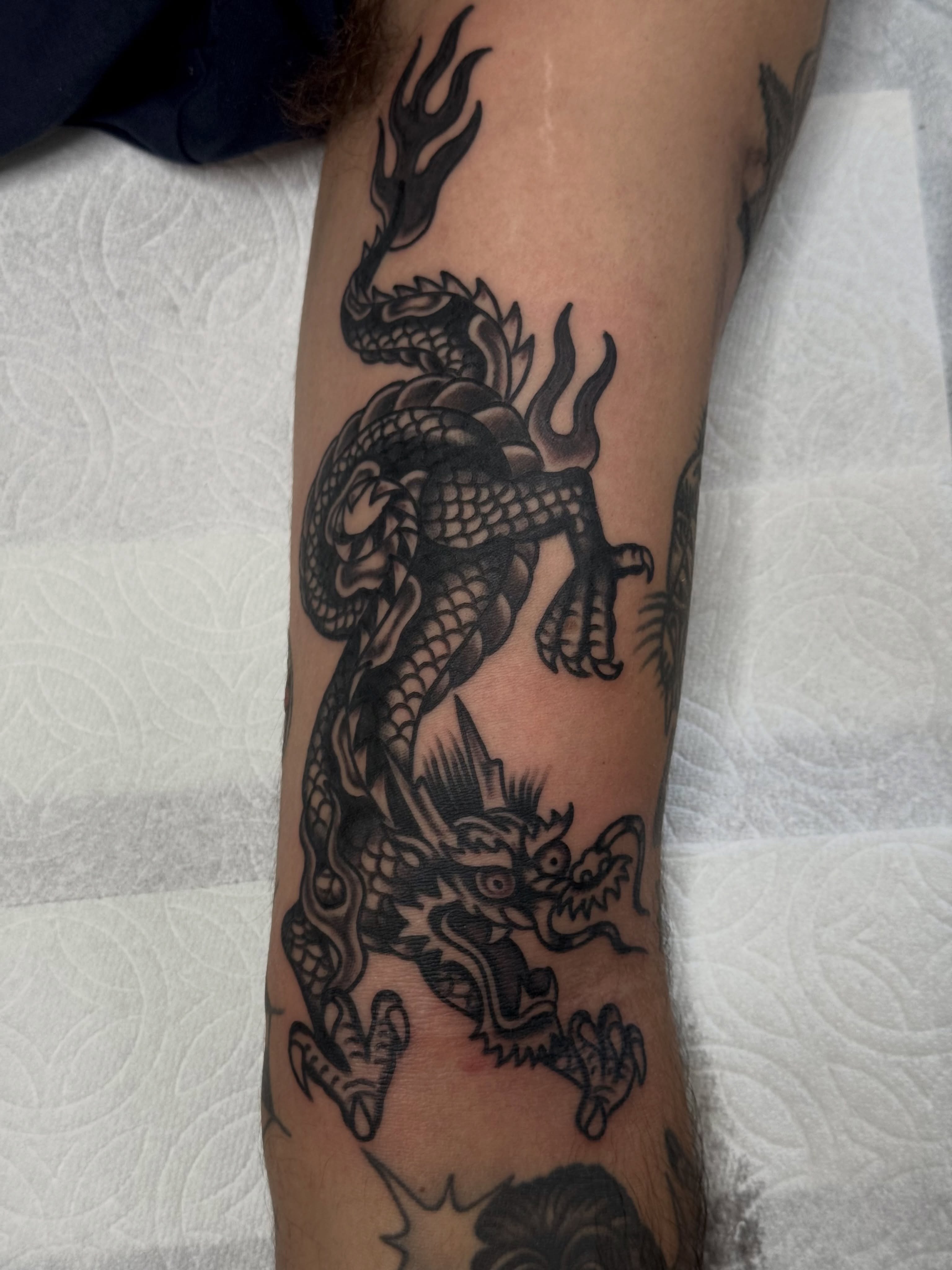 Dragon black and grey tattoo on the forearm by San Diego Tattoo Artist - 𝔍𝔞𝔠𝔬𝔟 𝔓𝔞𝔫𝔦𝔞𝔤𝔲𝔞