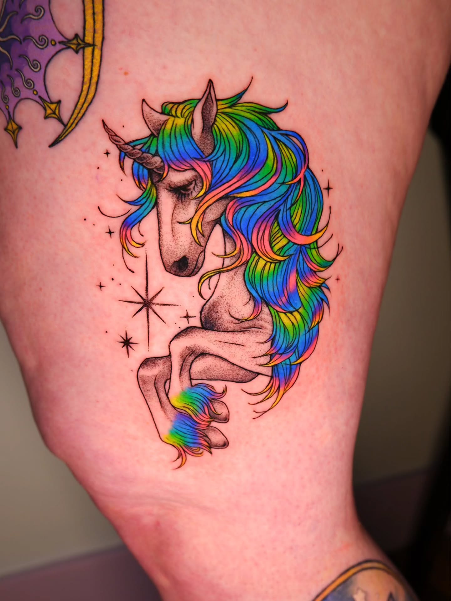 Rainbow unicorn new school tattoo on the thigh by bird ✦ tattoo artist ✦ philadelphia
