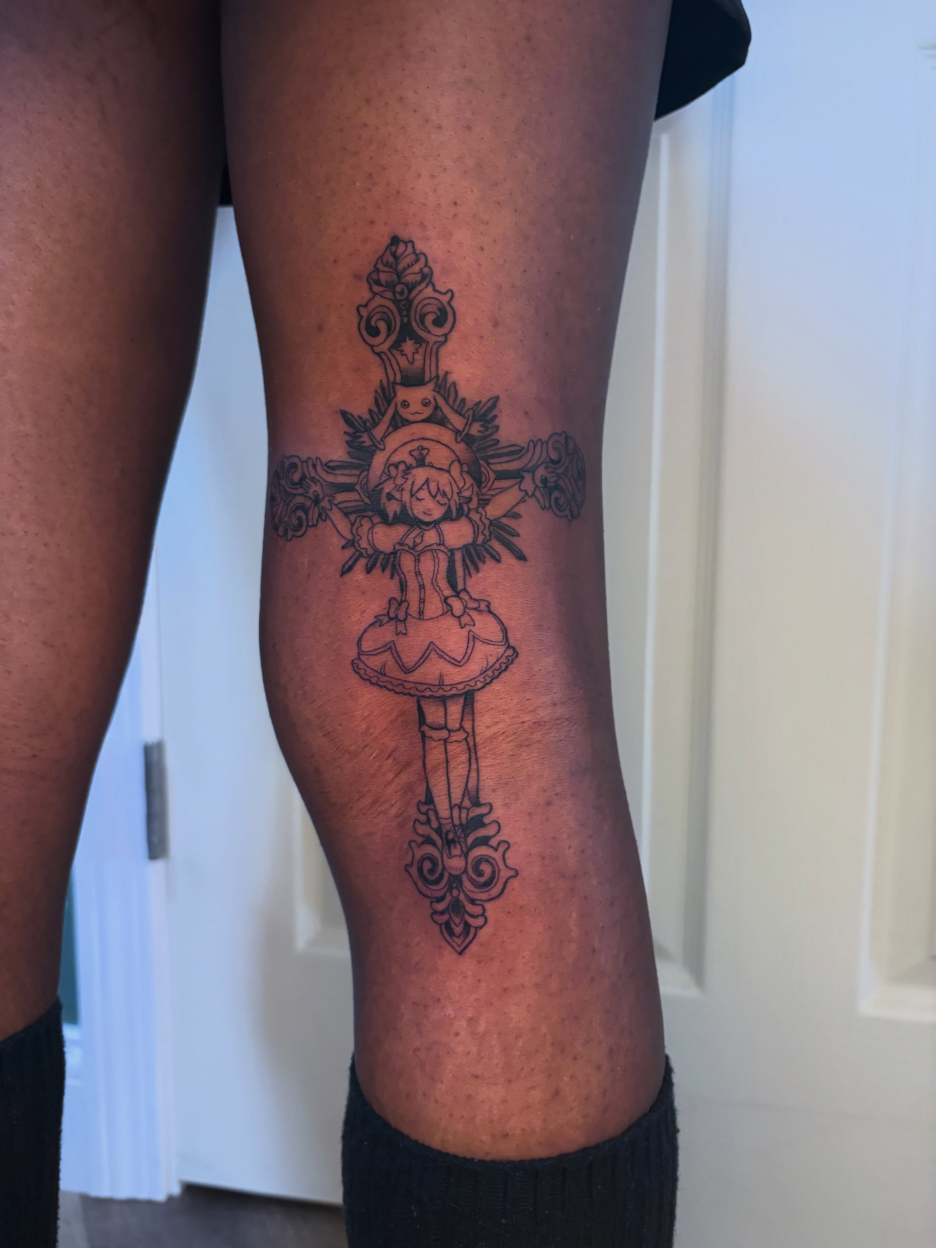 Doll anime tattoo on the thigh by Callum
