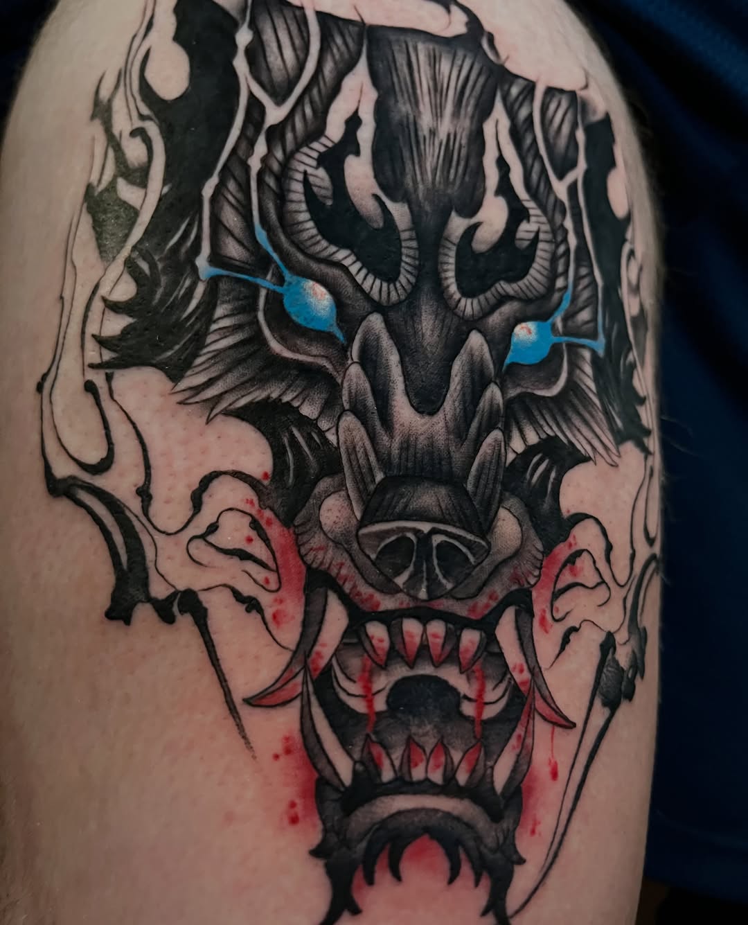 Demon mask japanese irezumi tattoo on the thigh by Cuda