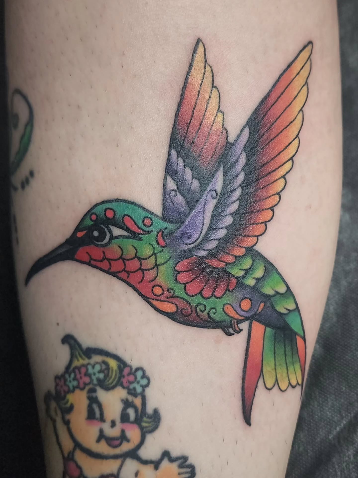 Hummingbird new school tattoo on the forearm by Meggalodon 🖤 (Meggan Rose)