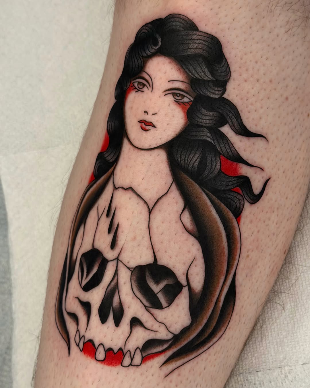 Woman with skull American traditional tattoo on the forearm by 𝒟𝑜𝓃𝓃𝒶 𝒥 ࿏ Portland Tattoo Artist
