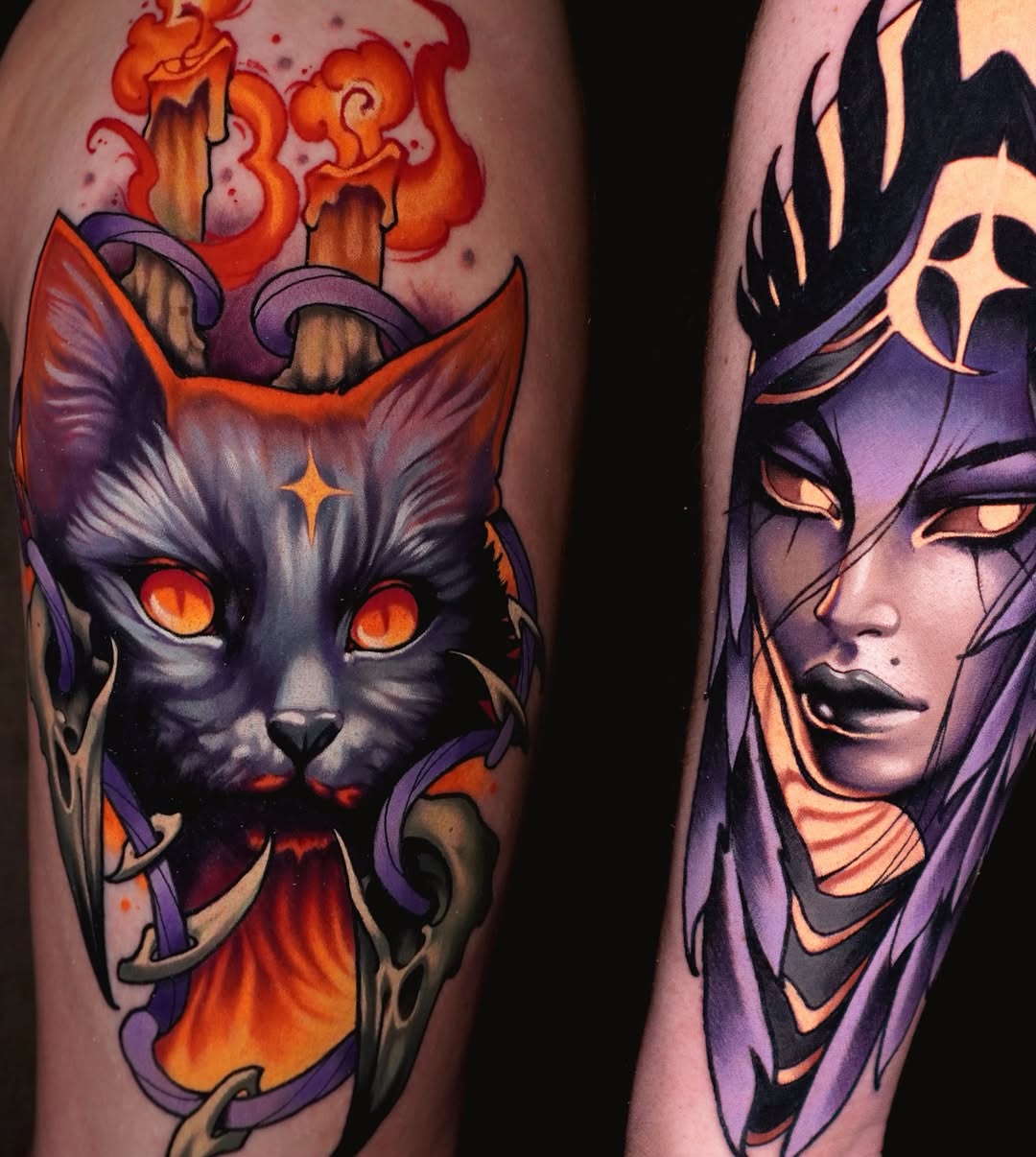 Cat and woman dark realism tattoo on the forearm by Andrey