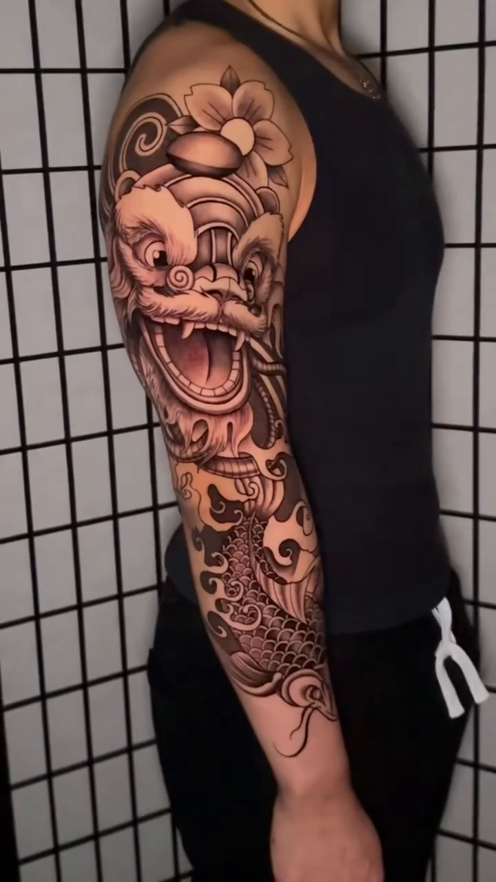 Dragon and koi sleeve japanese irezumi tattoo by Jesse Reip, Lakewood, Ohio