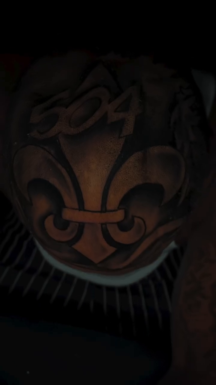 Fleur de lis and text realism tattoo by Devin Johnson, Forest Park, Georgia