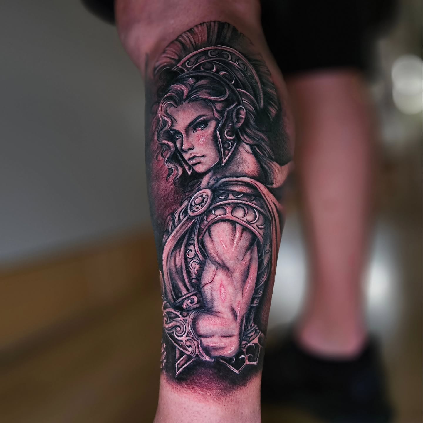 Female warrior realism tattoo on the forearm by Justin J-rust Smith