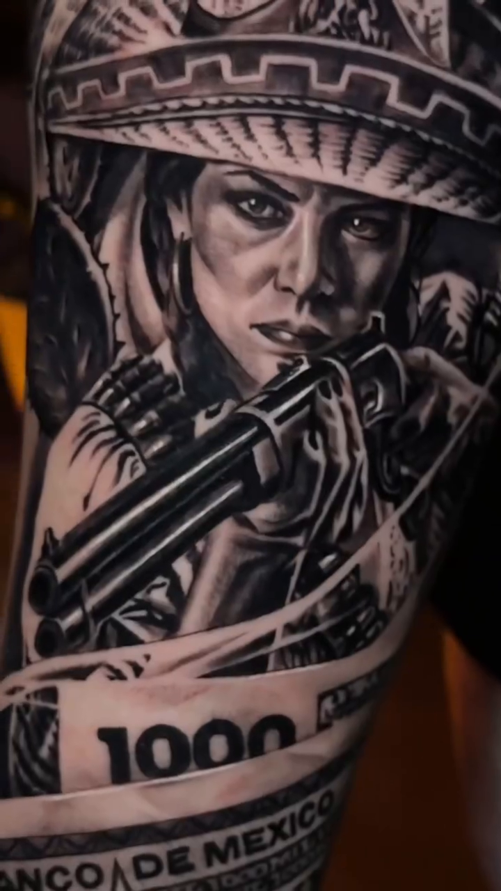 Woman and gun realism tattoo by 𝐉𝐨𝐧 𝐒𝐚𝐧𝐭𝐨𝐬