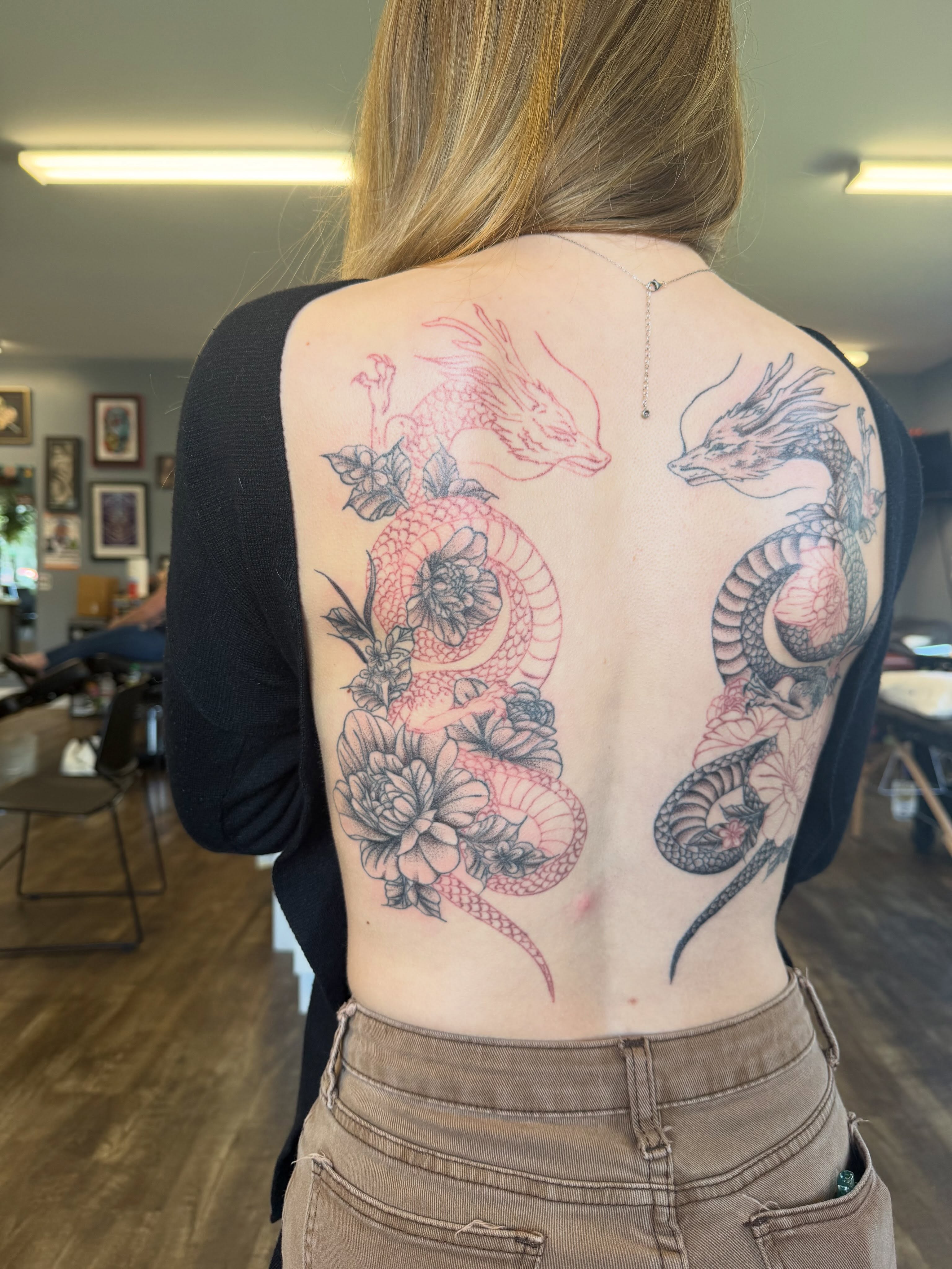 Dragon and flowers japanese irezumi tattoo on the back by Hope Powell, Vancouver, Washington