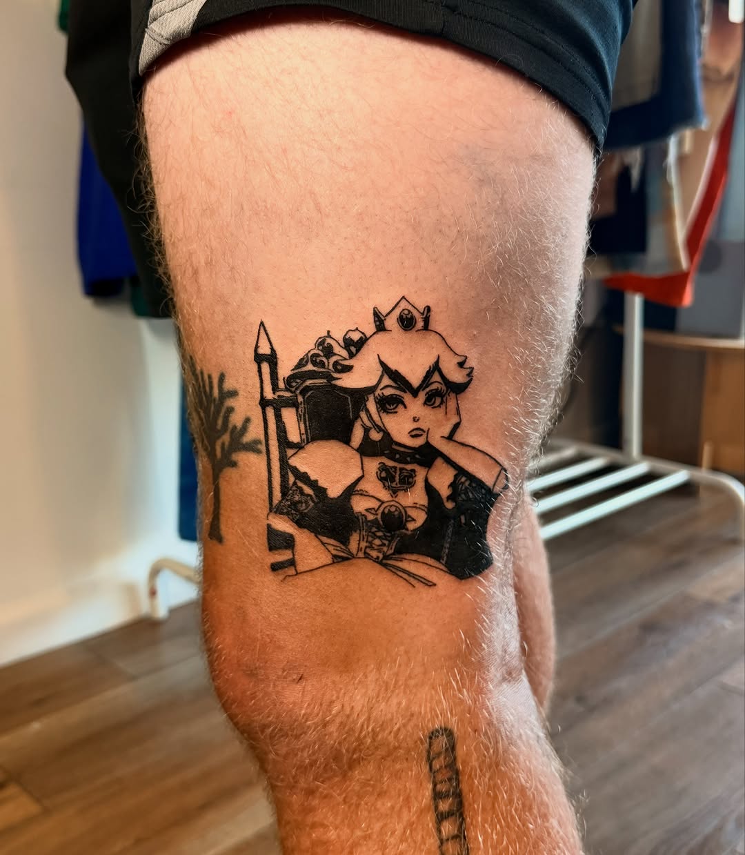 Princess Peach on throne new school tattoo on the thigh by 🩸Will🖤NYC✨🏳️🌈🇺🇦