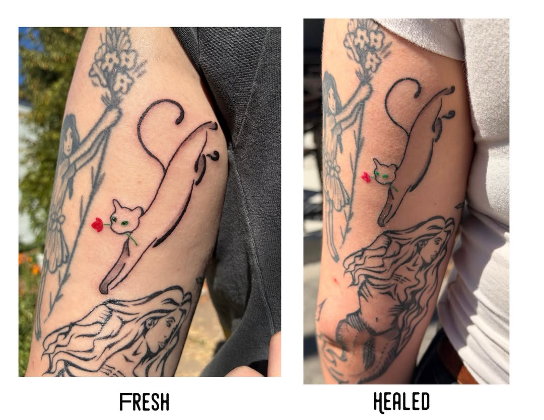 Cat and mermaid black and grey tattoo on the forearm by Xin.H