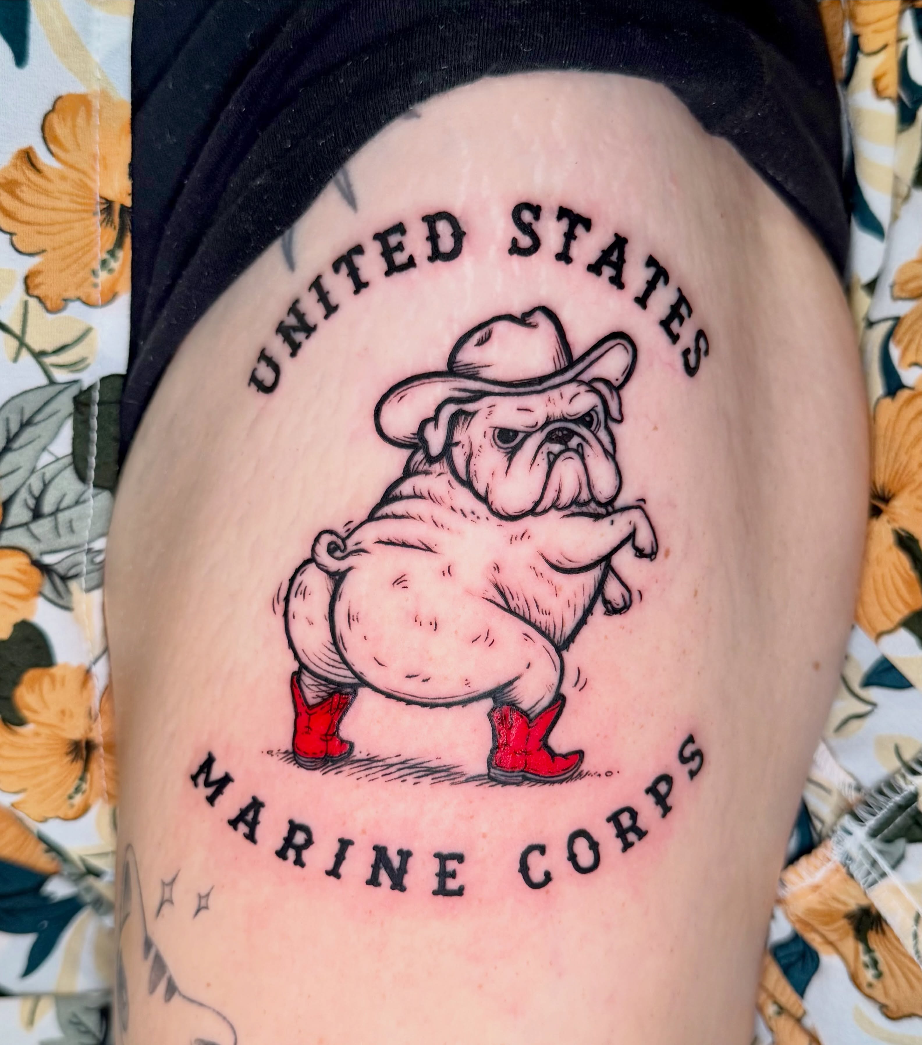 Bulldog wearing cowboy hat American traditional tattoo on the thigh by Tatum