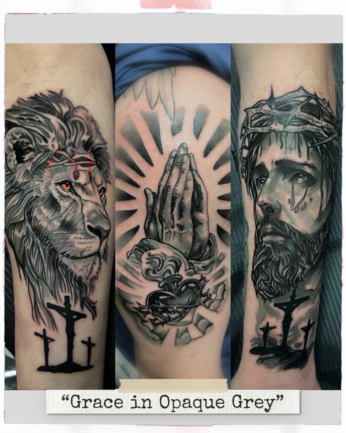Lion, hands, Jesus realism tattoo on the forearm by Hugh Anthony Washington, Hattiesburg, Mississippi