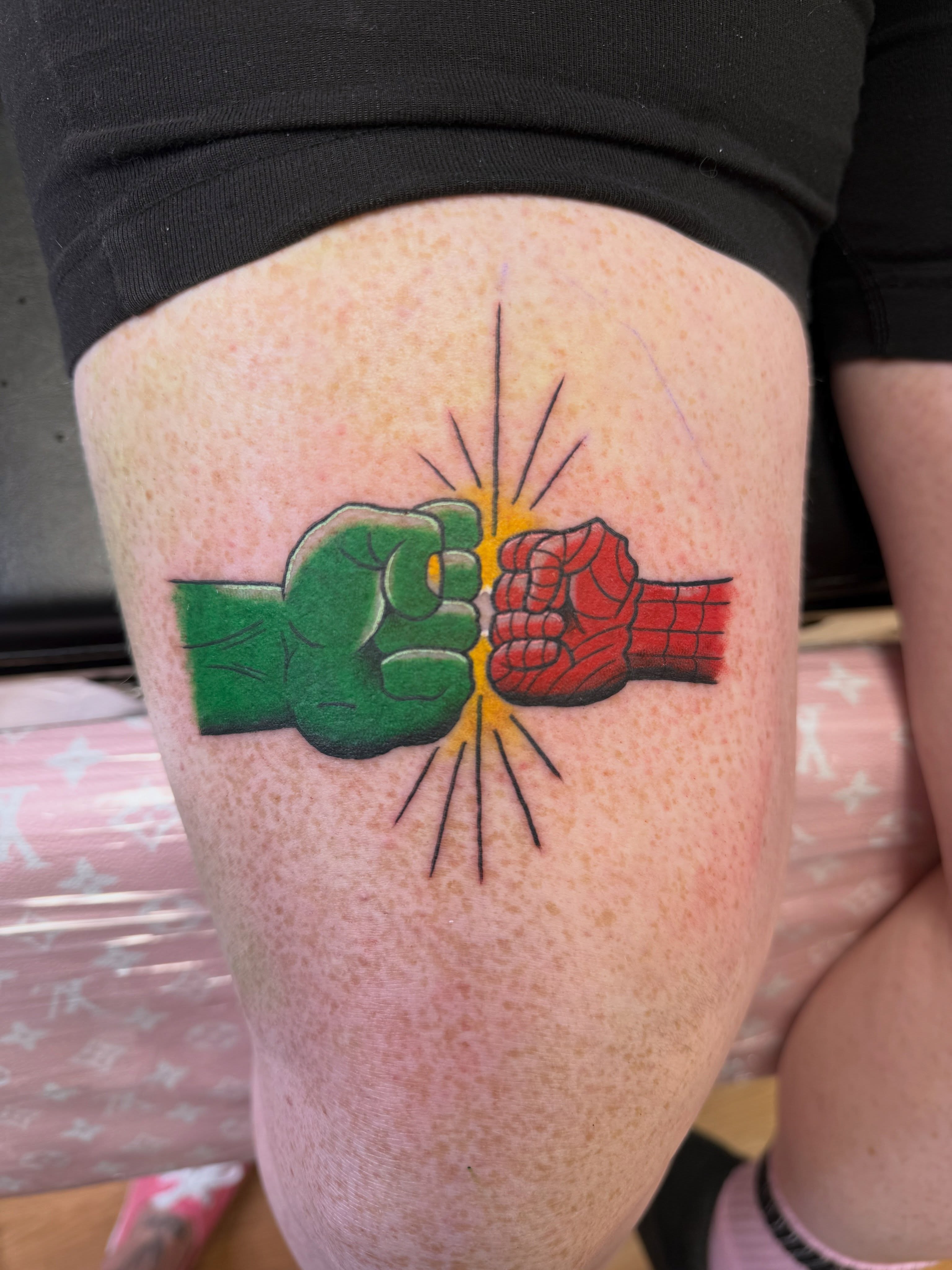 Fist bump dotwork tattoo on the thigh by Palmer Andrist🩸Fort Collins Tattoo Apprentice