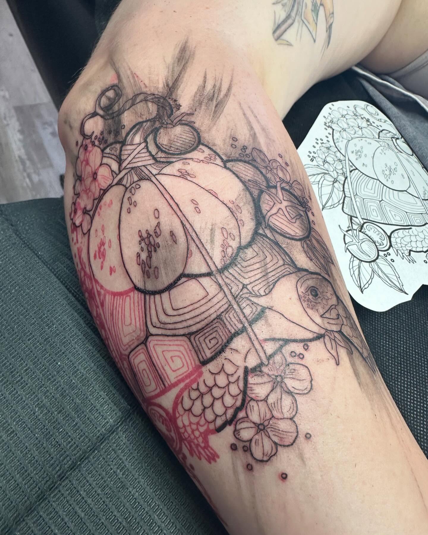 Sumo wrestler and fish japanese irezumi tattoo on the forearm by Cassandra Rasper-Beard
