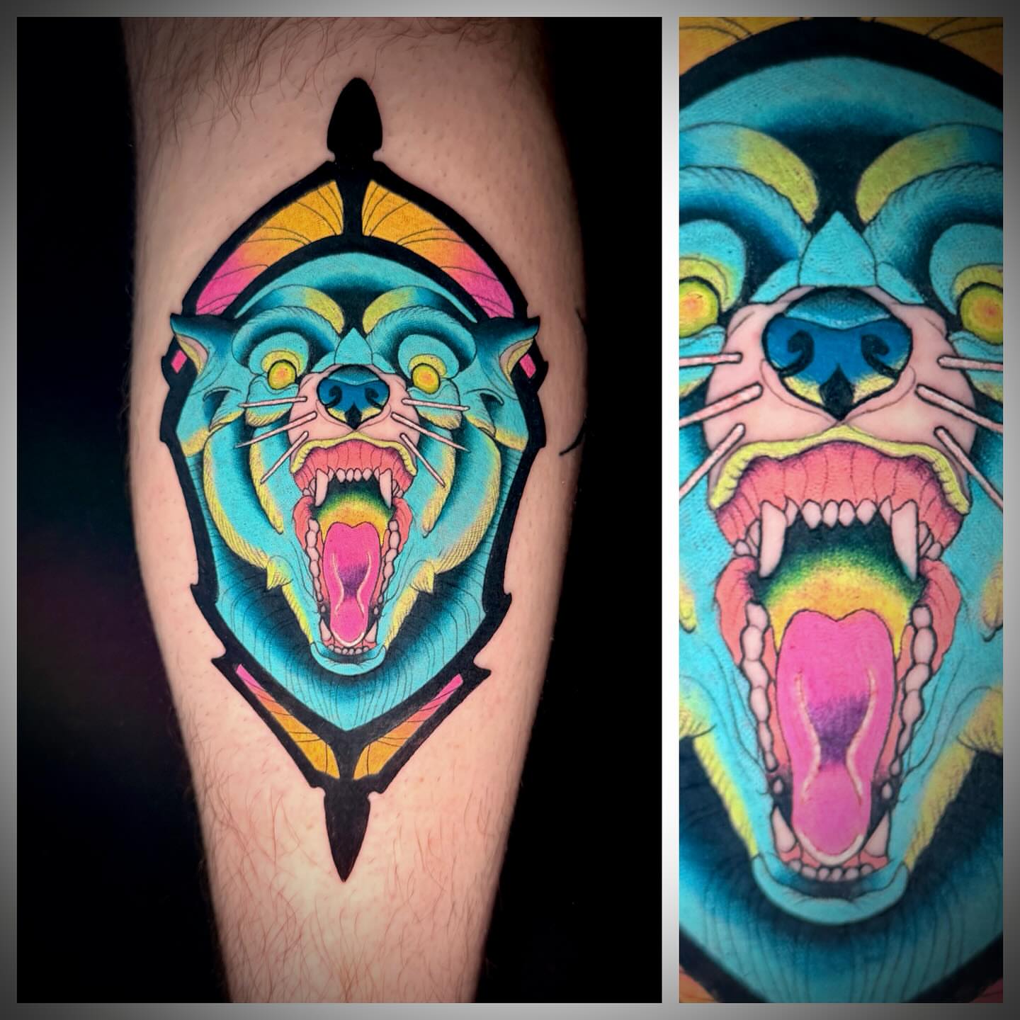 Angry bear geometric tattoo on the forearm by Steve Hooker
