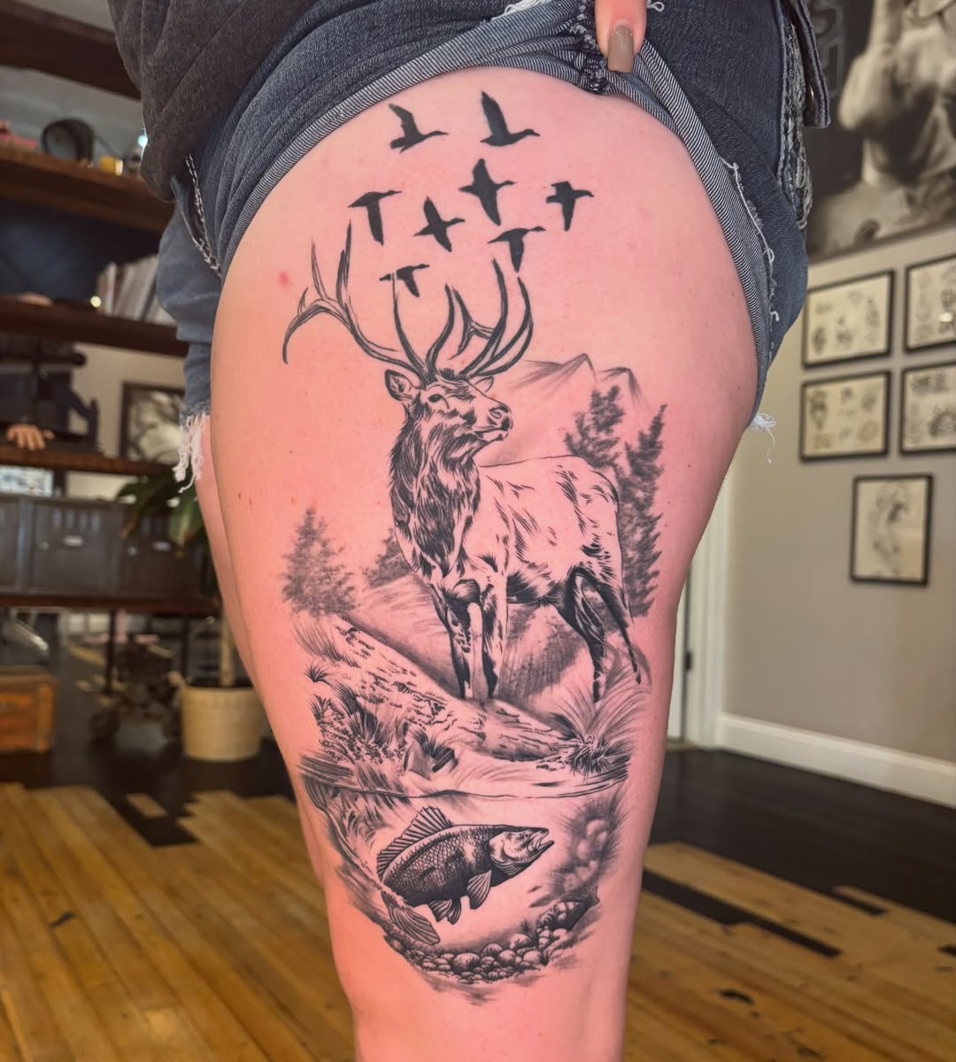 Deer and fish realism tattoo on the thigh by Aubri Aunna