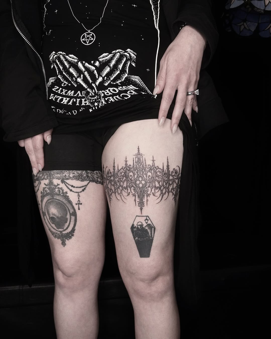 Ornate gothic frame and coffin cyber sigilism tattoo on the thigh by ๐๐ฆ๐ฐ๐ฆ๐