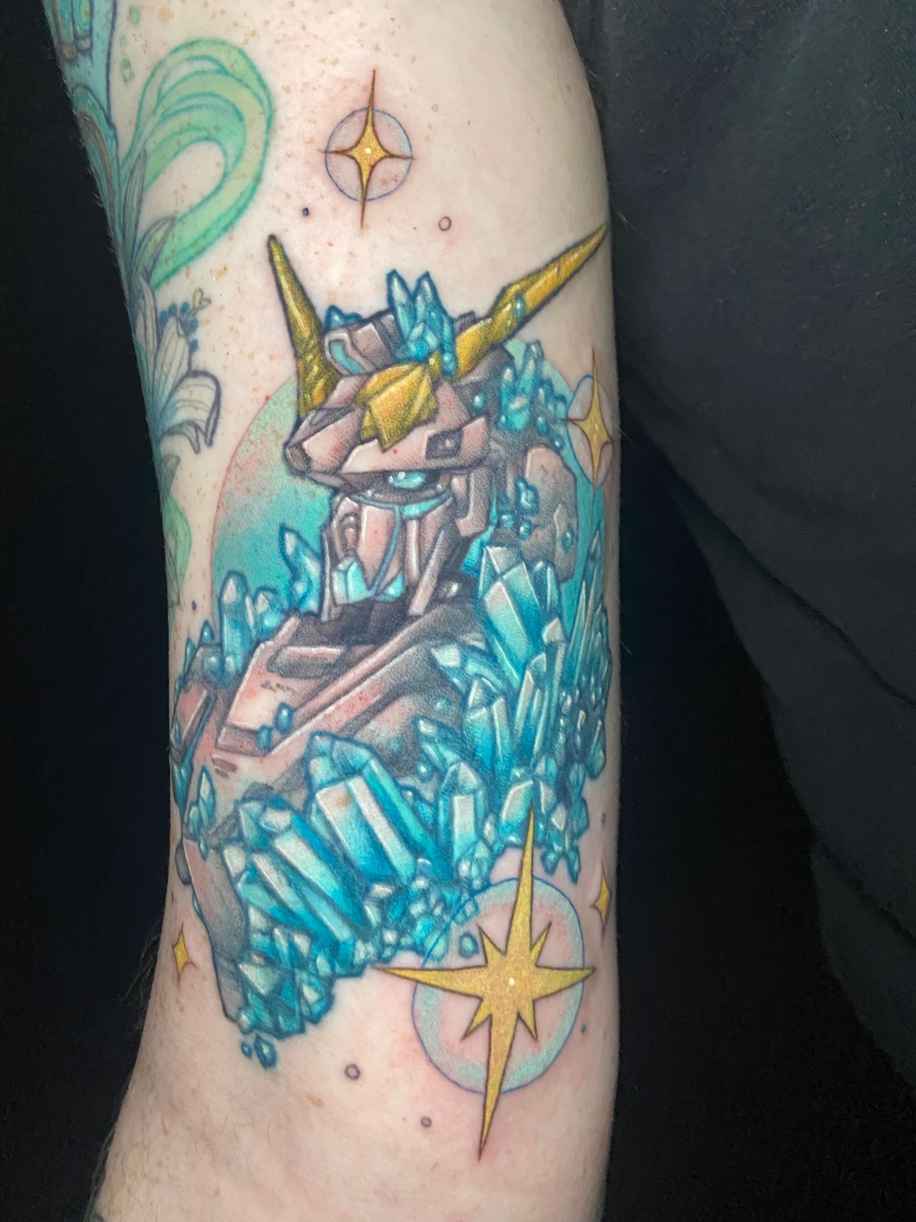 Mecha on crystal new school tattoo on the forearm by Dawn Carr, Richmond, Virginia