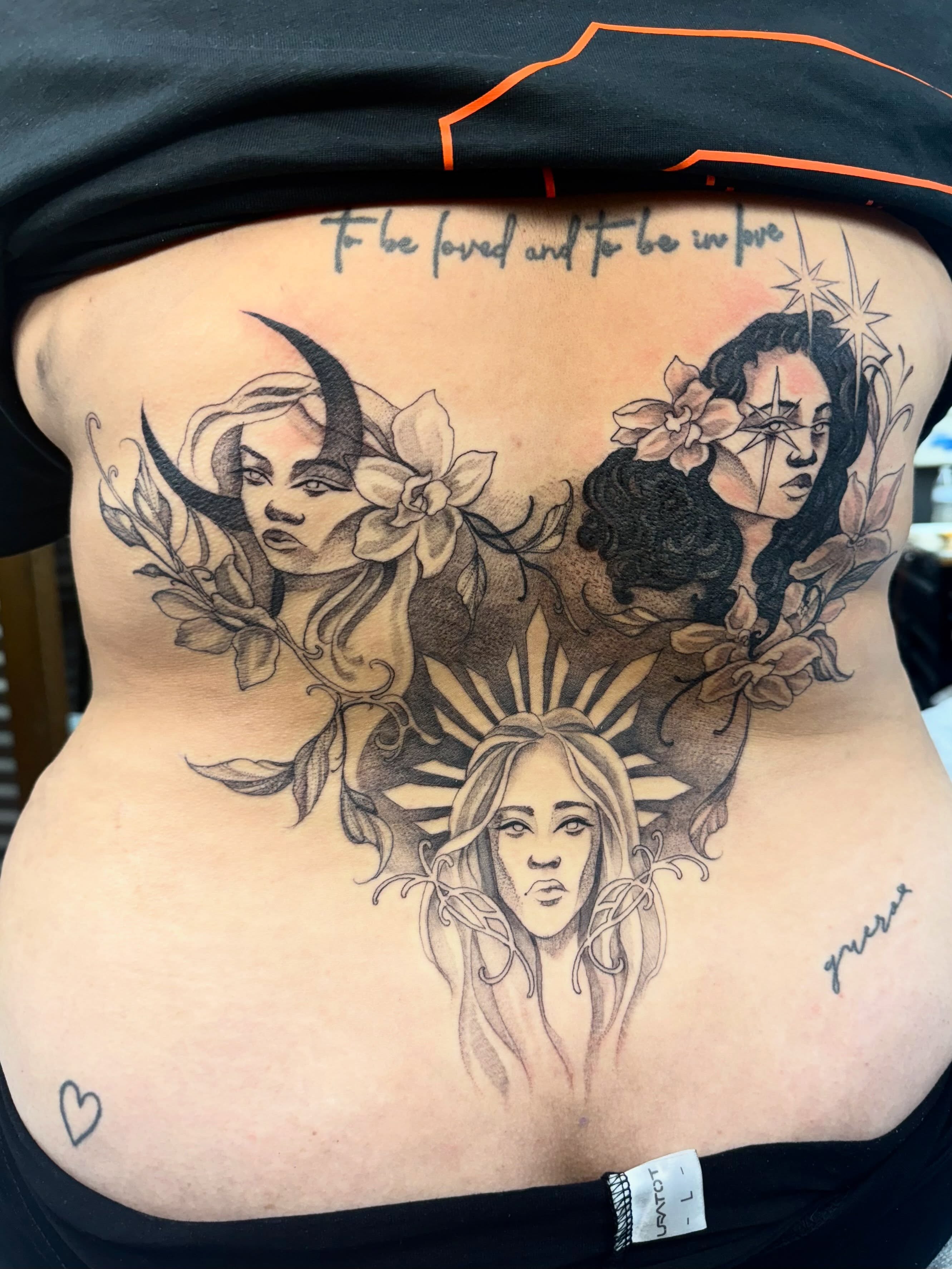 Three women realism tattoo on the torso by Isabella π€