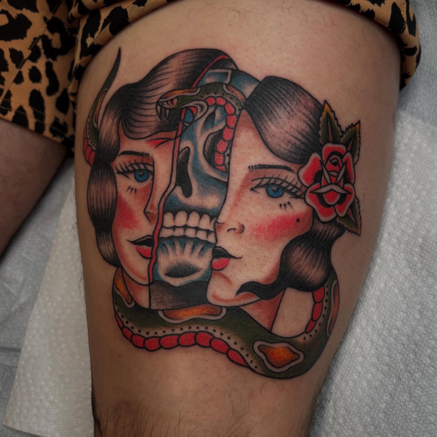 Skull and women American traditional tattoo on the thigh by Brandi ⛓, Detroit, Michigan
