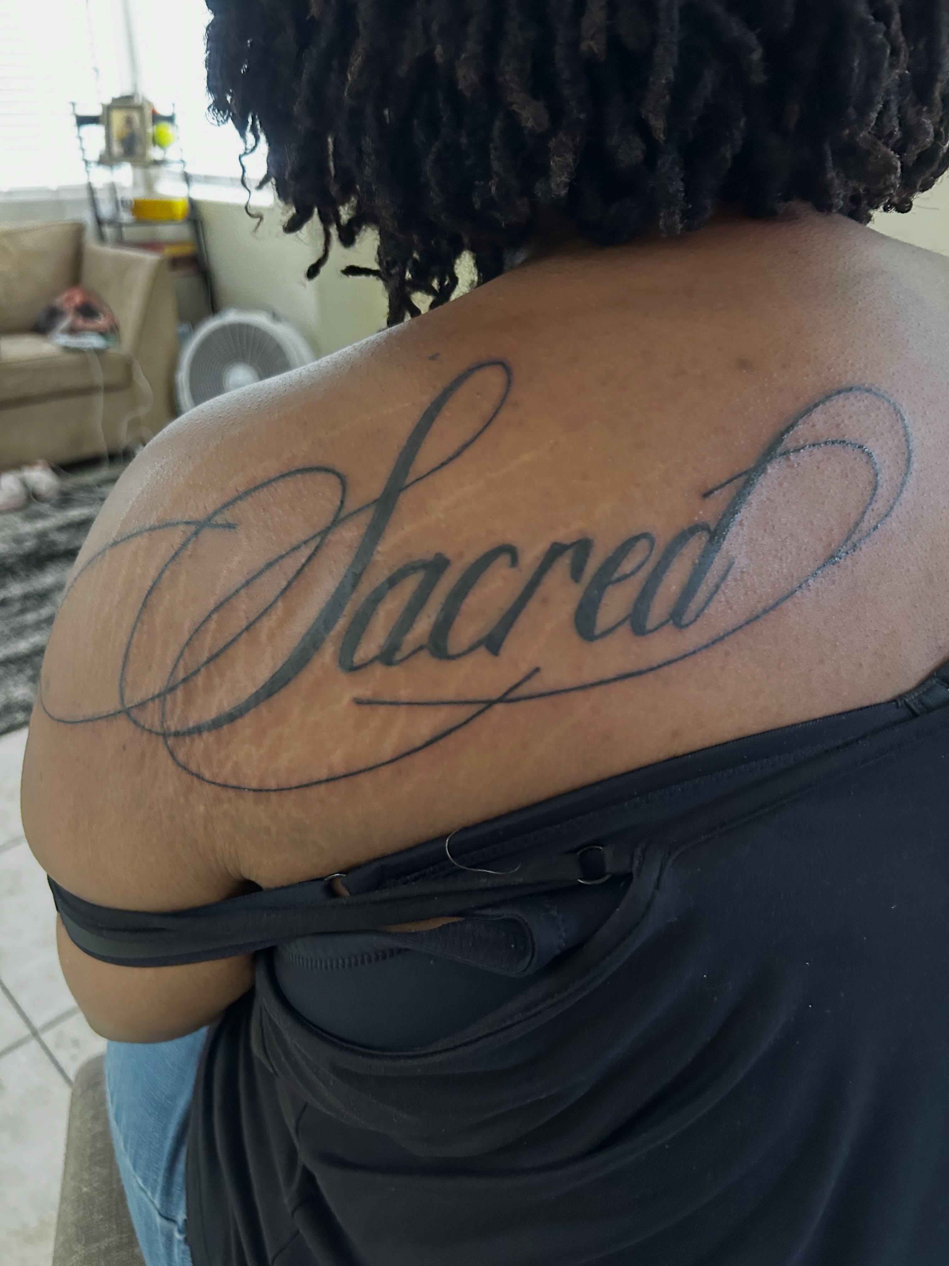 Script lettering lettering script tattoo on the shoulder by Sarah Sharee💃🏽