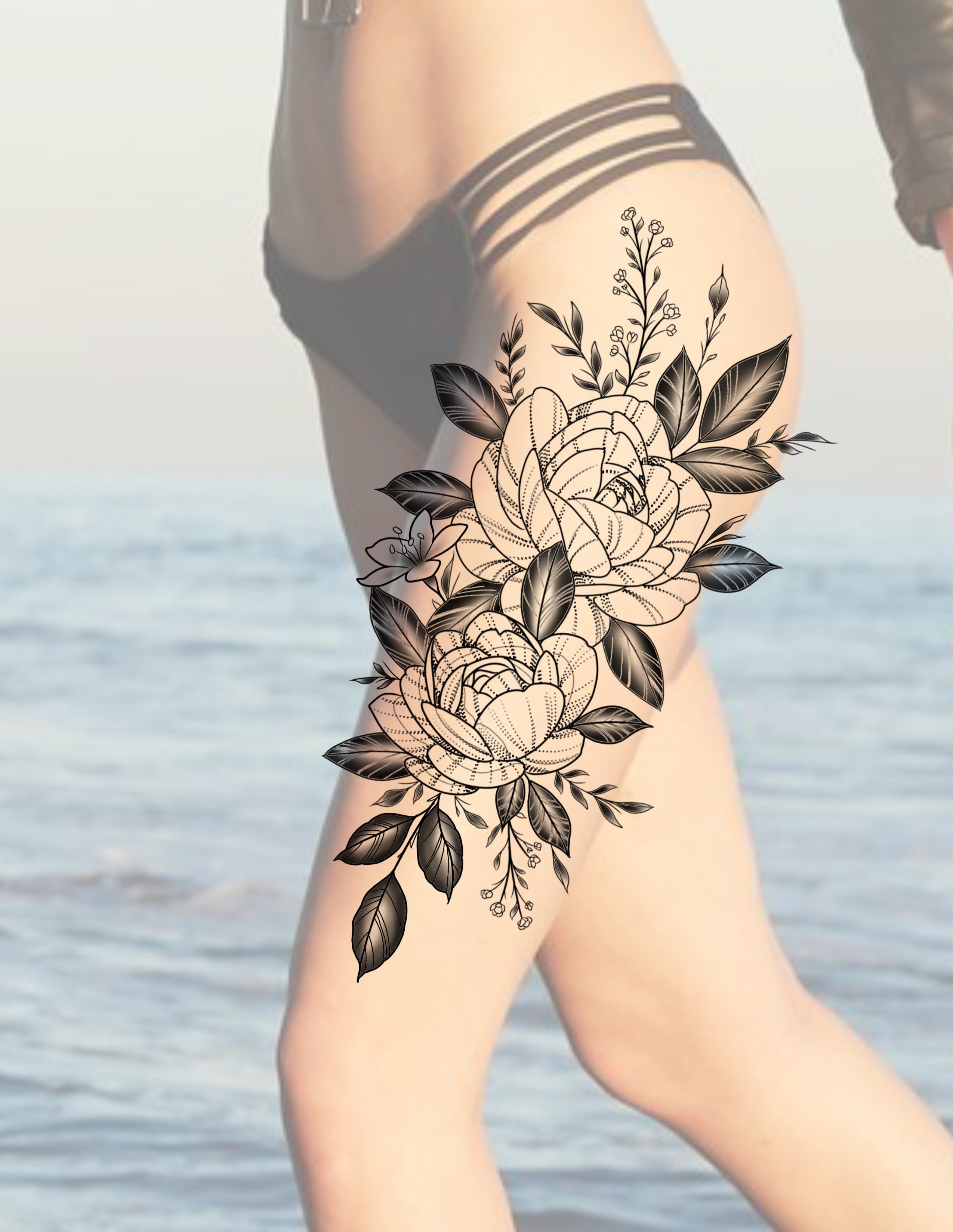 Floral bouquet black and grey tattoo on the thigh by San Diego Tattoo Artist