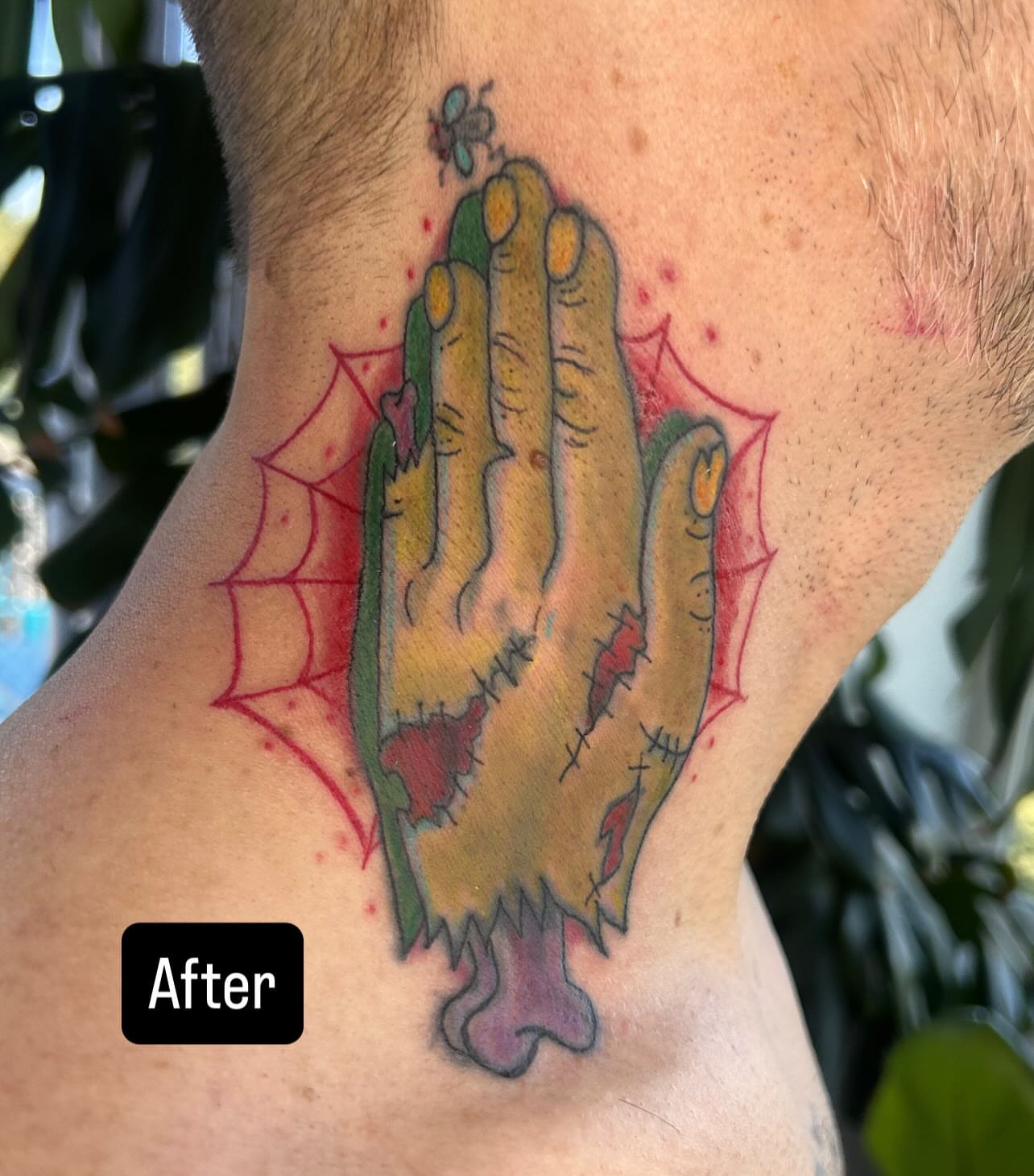 Praying hands American traditional tattoo on the neck by Reilley Earles