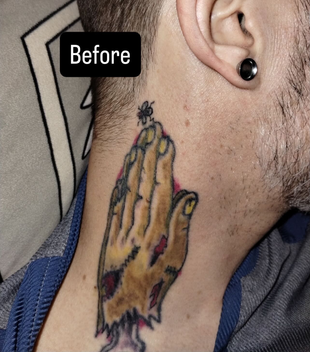 Praying hands American traditional tattoo on the neck by Reilley Earles