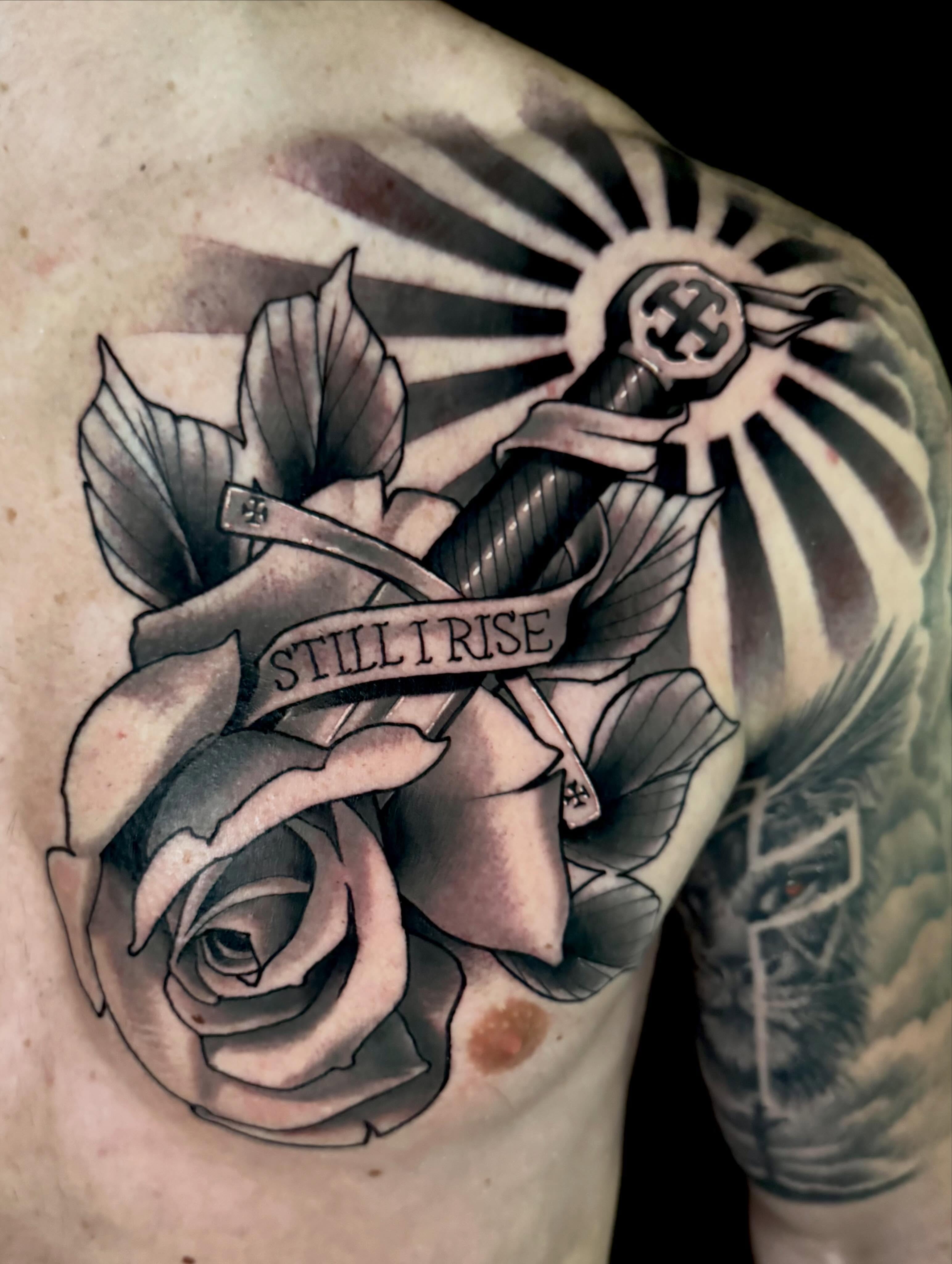 Rose and sword American traditional tattoo on the shoulder by Sweets, Nashville, Tennessee