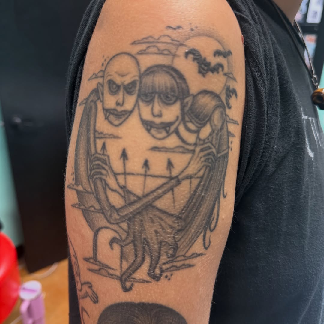 Nightmare Before Christmas characters black and grey tattoo on the forearm by Austin Tattoo Artist