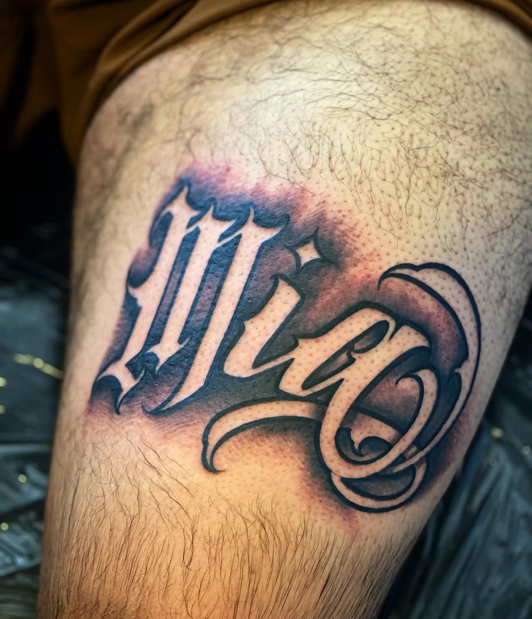 Script lettering lettering script tattoo on the thigh by Lex Miranda