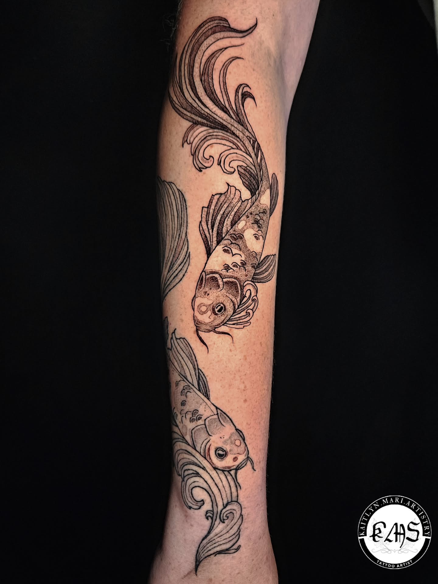 Koi fish black and grey tattoo on the forearm by Kaitlyn Marianna Skewes 🌙 Illustrative