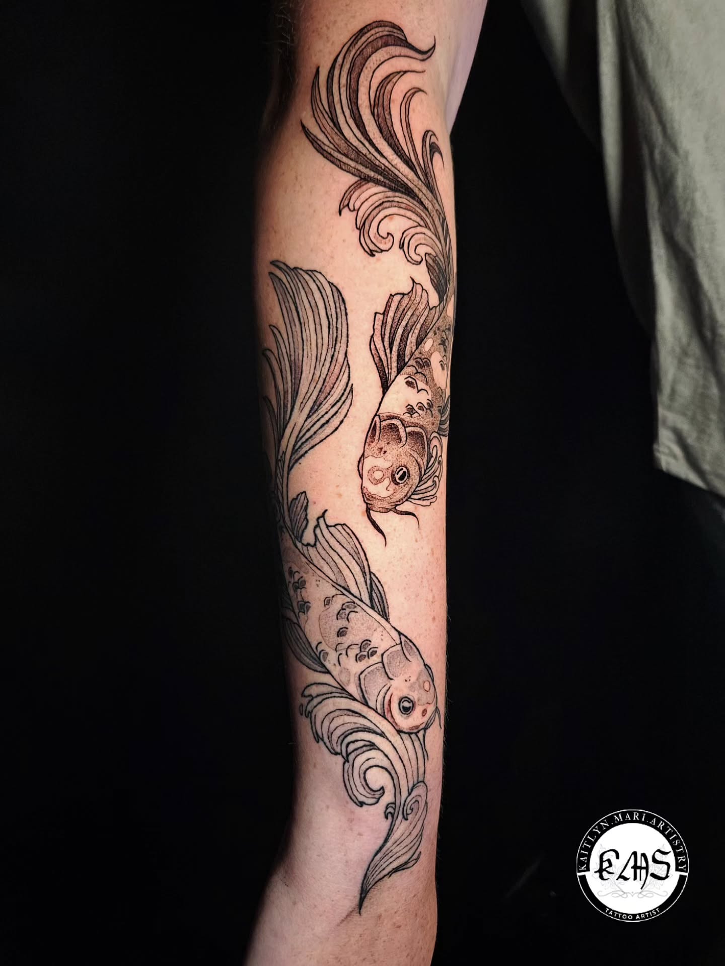 Koi fish black and grey tattoo on the forearm by Kaitlyn Marianna Skewes 🌙 Illustrative