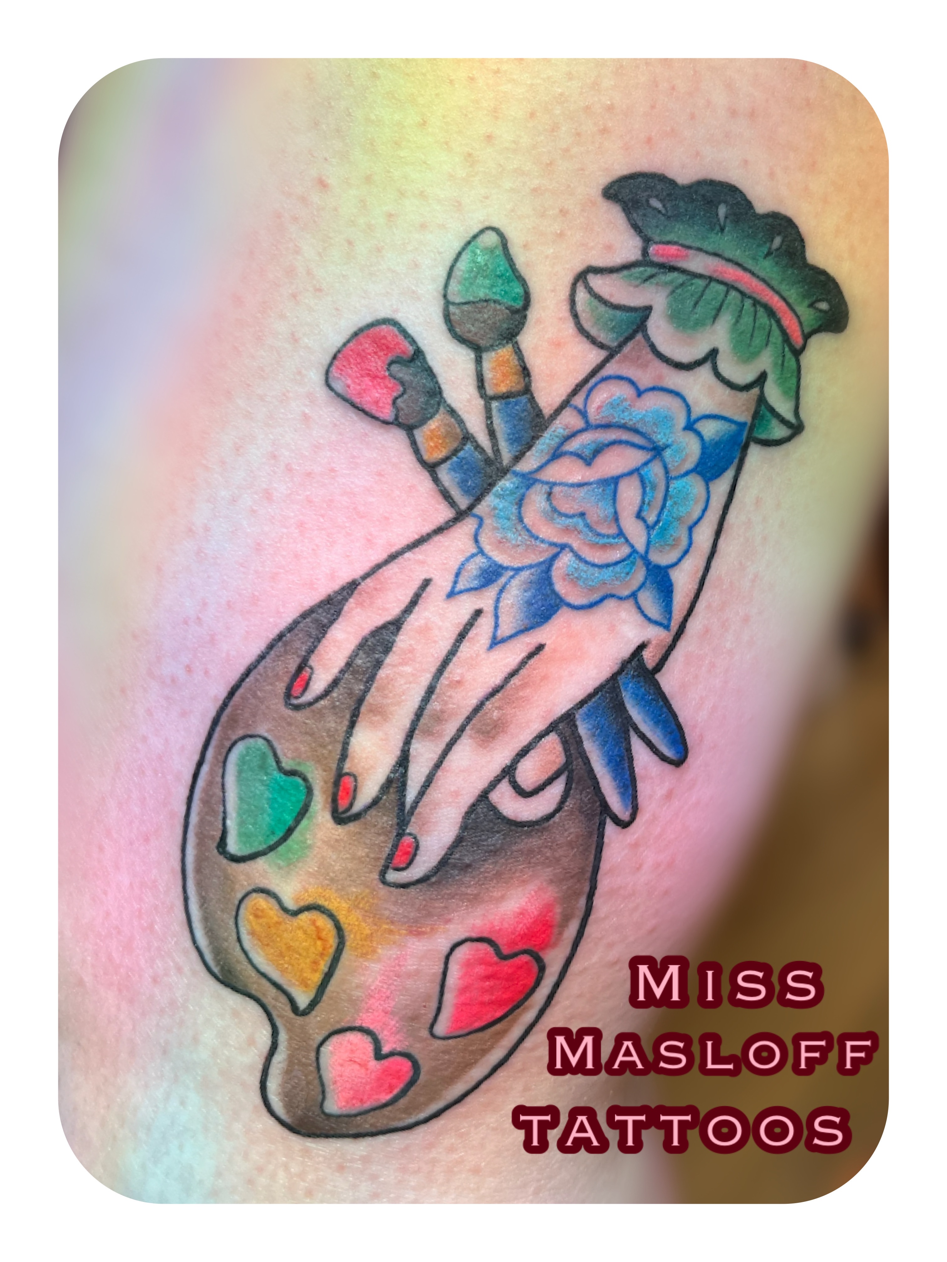 Artist palette with paintbrushes new school tattoo on the forearm by ๐Miss Ash Masloff (Mrs.Waritz)๐